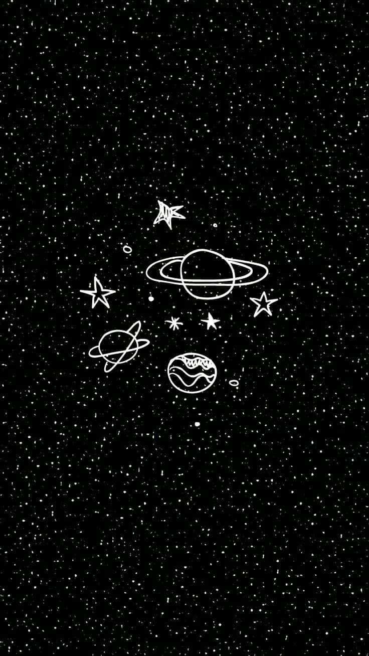 Cute Space, ringed planet, white line drawings, HD Phone Wallpaper