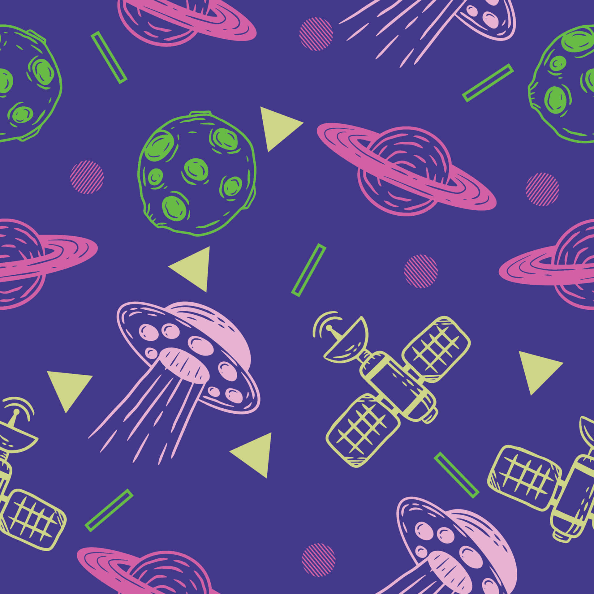 cute space, retro-style space pattern, pink UFOs, Full HD Desktop Wallpaper