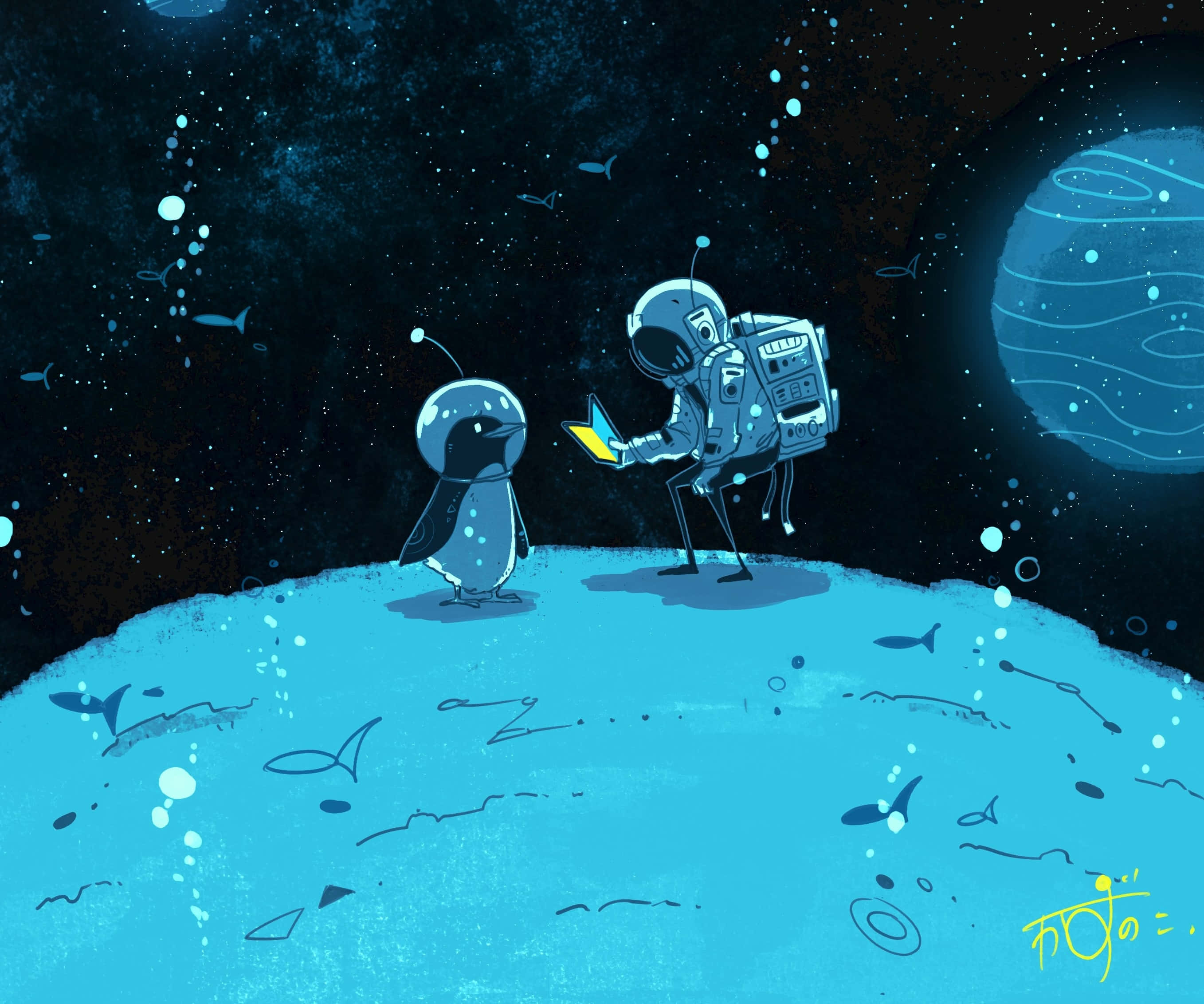 cute space, astronaut, penguin, 2K Desktop Wallpaper