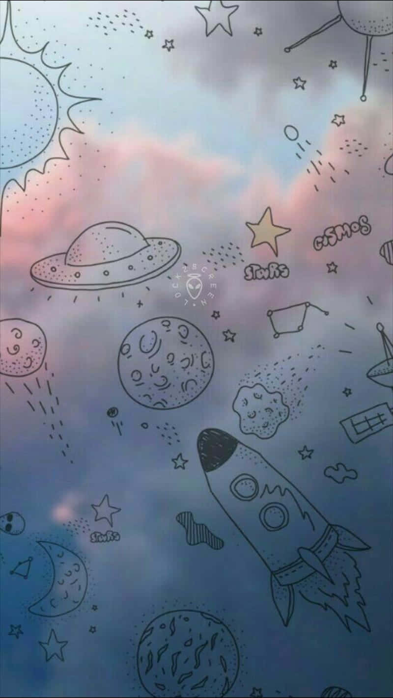 Cute Space, whimsical hand-drawn space scene, rockets, HD Phone Wallpaper