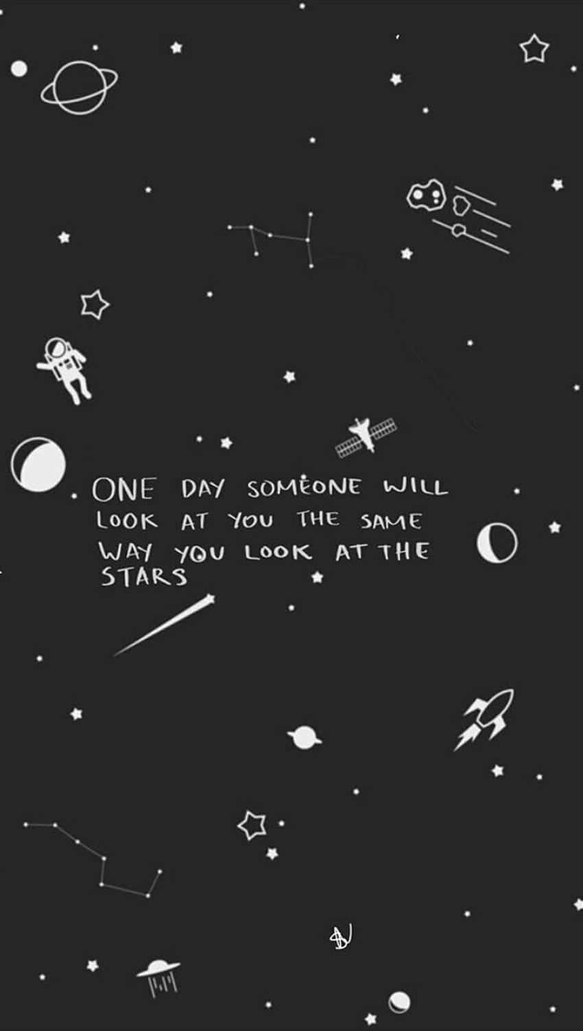 Cute Space, black wallpaper, white line drawings, HD Phone Wallpaper