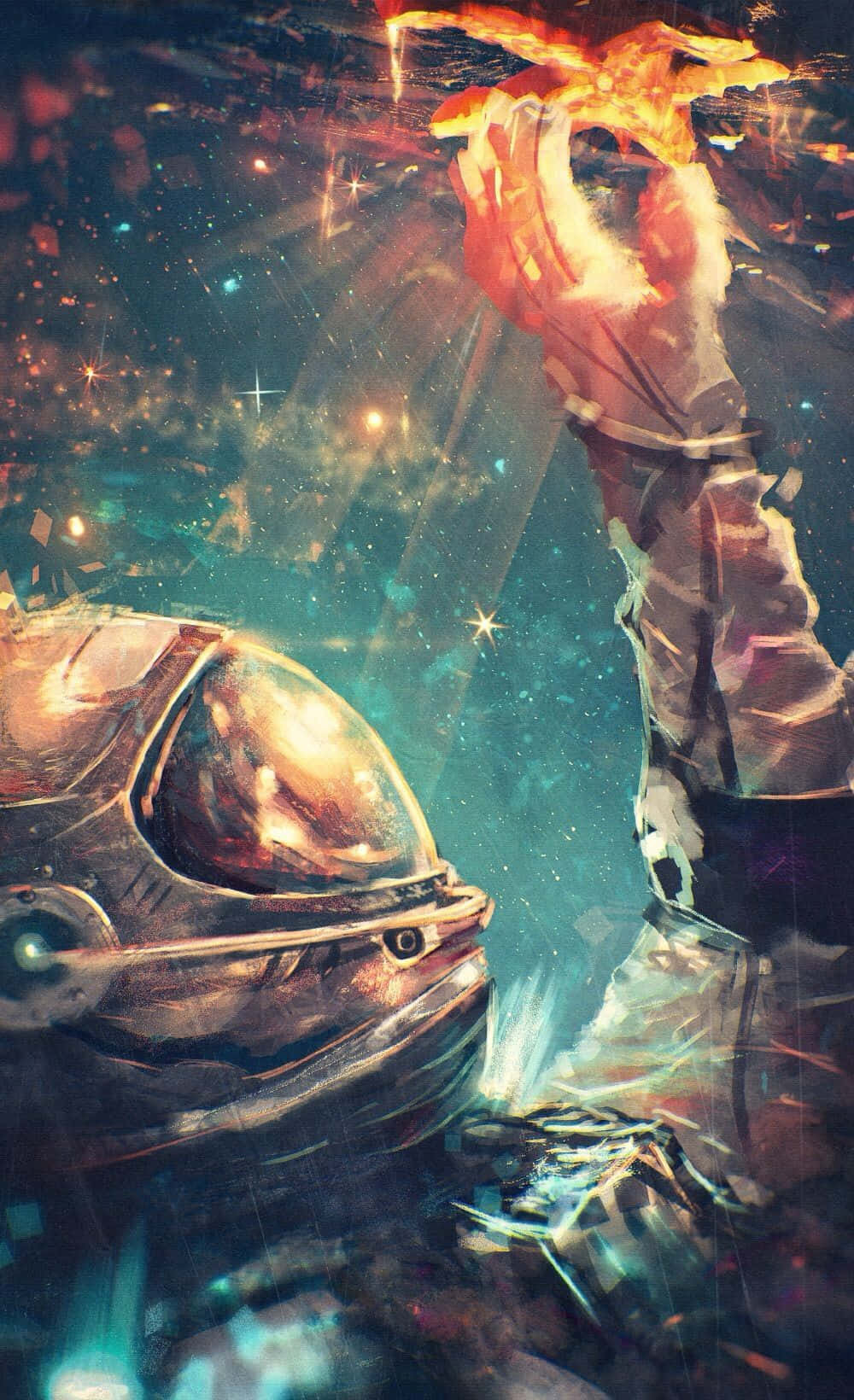 astronaut, helmet, fiery celestial object, HD Phone Wallpaper