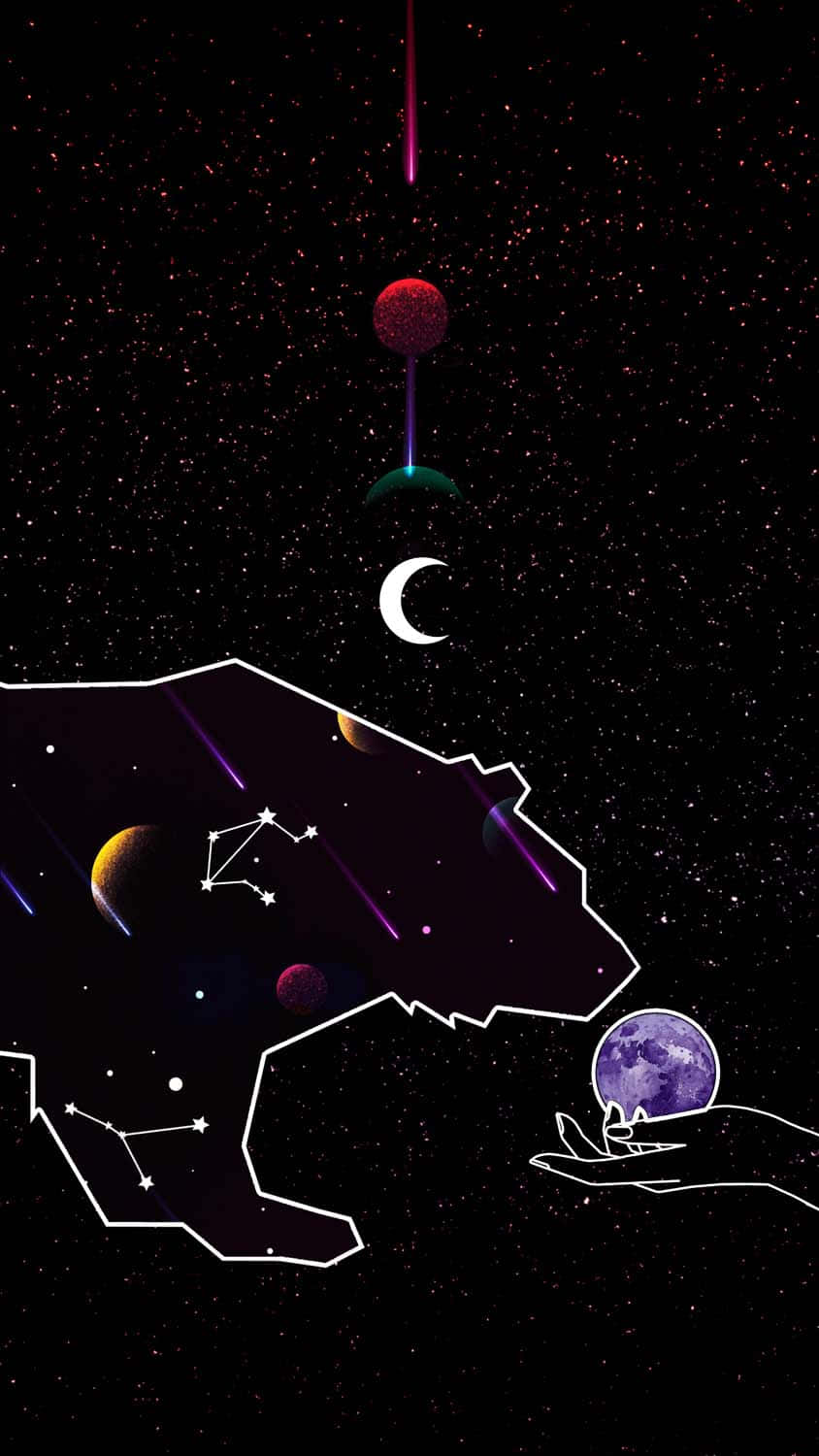 cosmic bear, white outline, purple moon, HD Phone Wallpaper