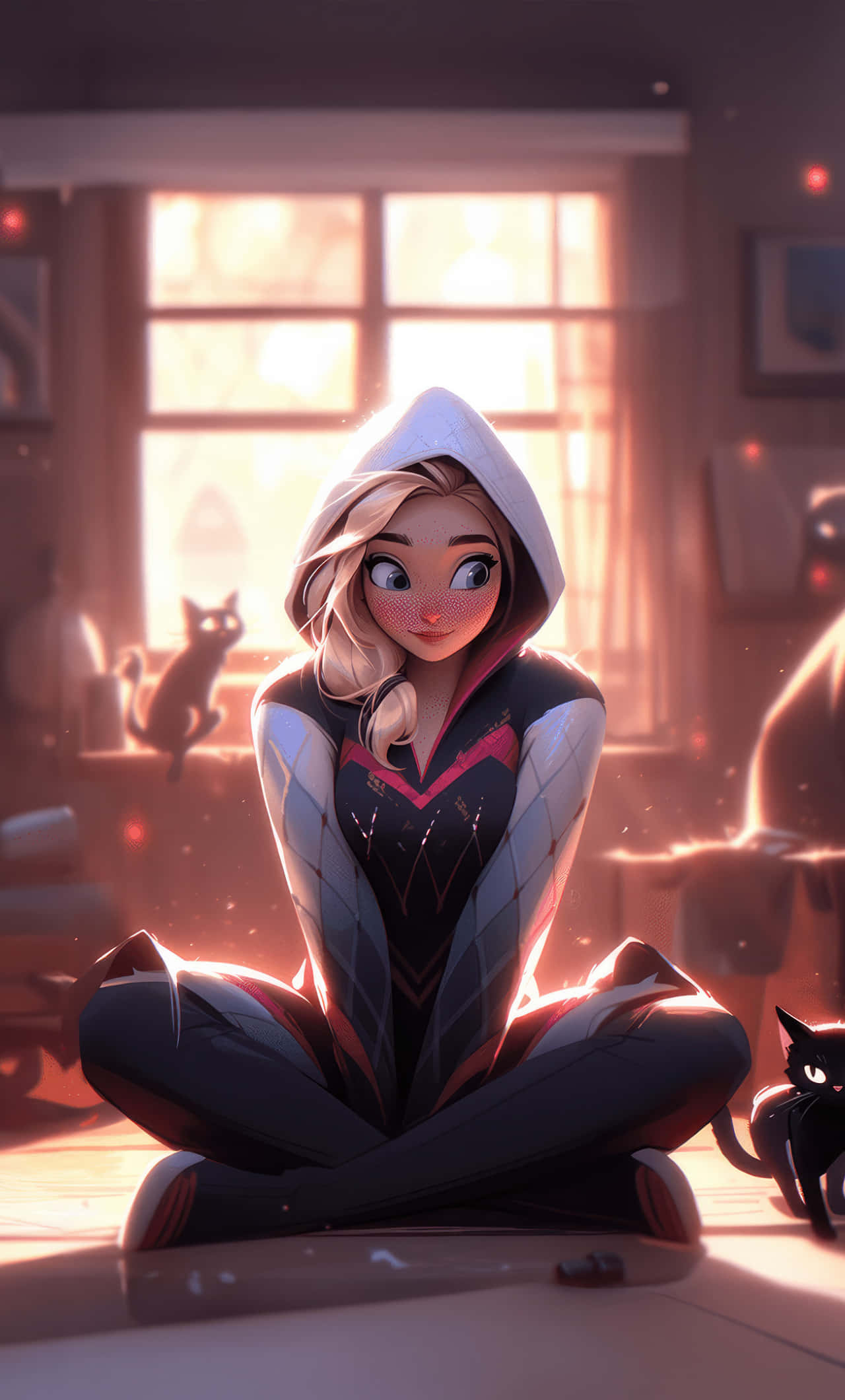 Spider Gwen, sunlit room, wooden floor, Full HD Phone Wallpaper