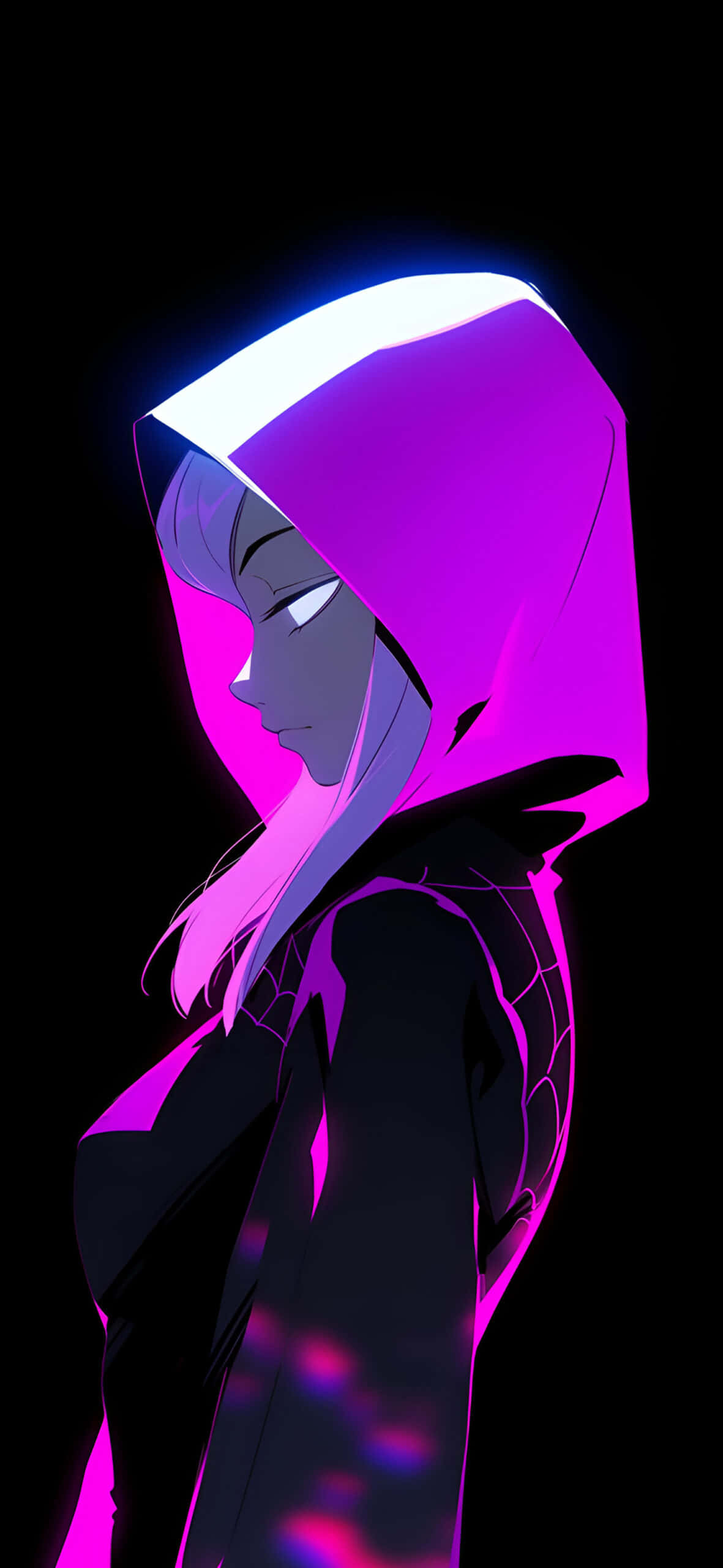 Spider Gwen, neon glow, glowing purple hooded suit, 2K Phone Wallpaper