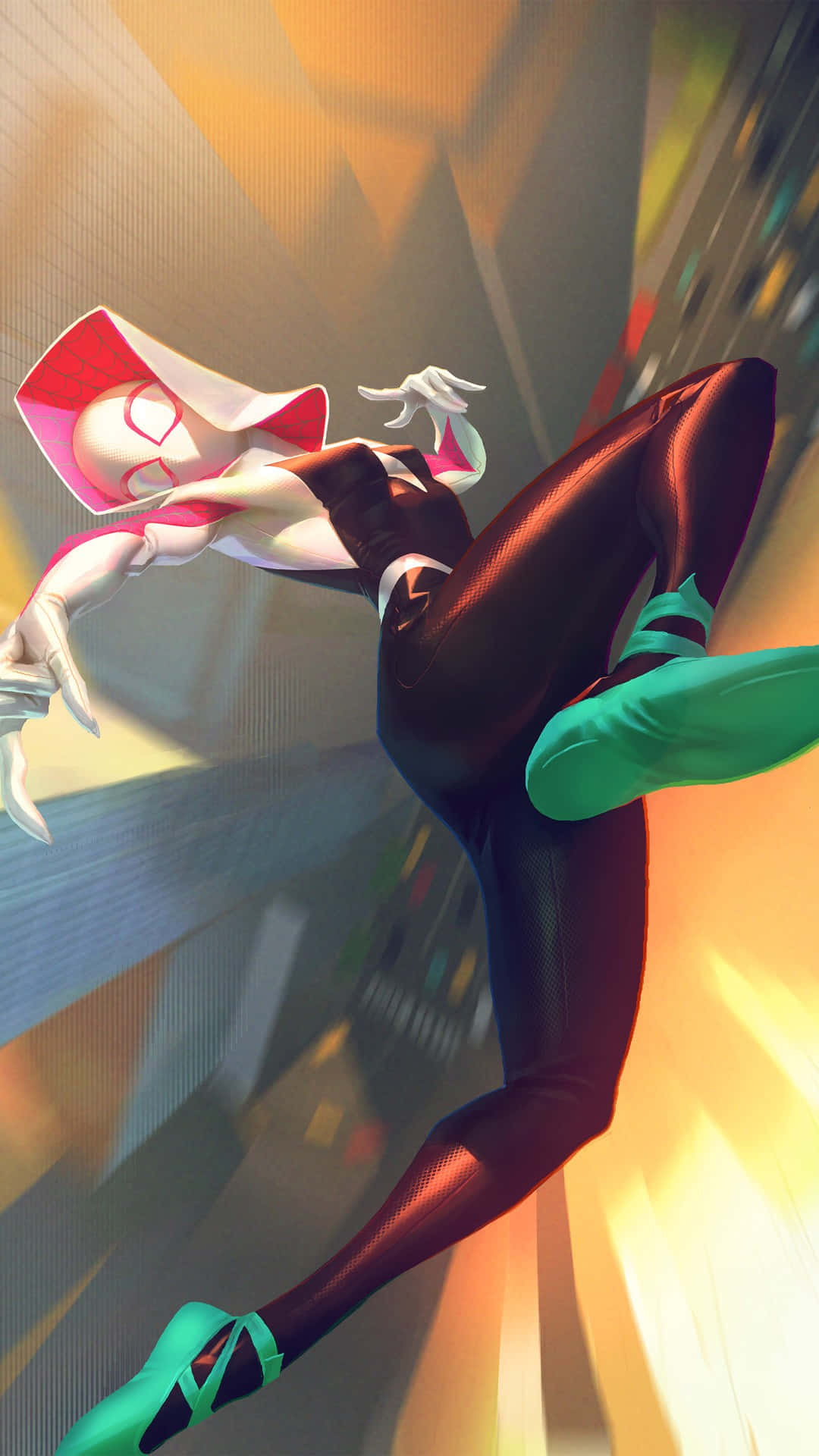 Spider Gwen, red white and green suit, sunlit urban canyon, Full HD Phone Wallpaper