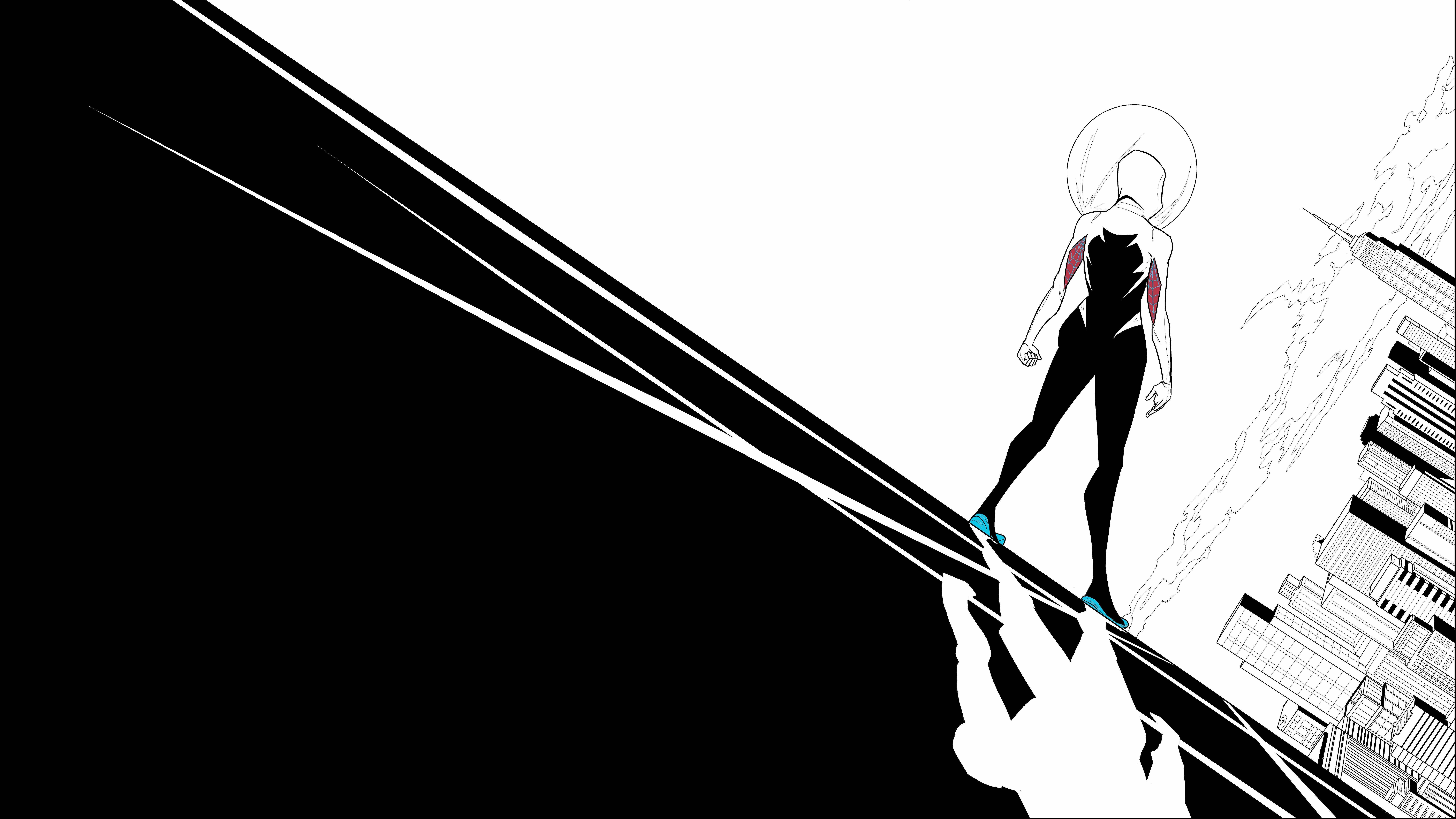 Spider Gwen, black and white, cityscape, 8K Desktop Wallpaper