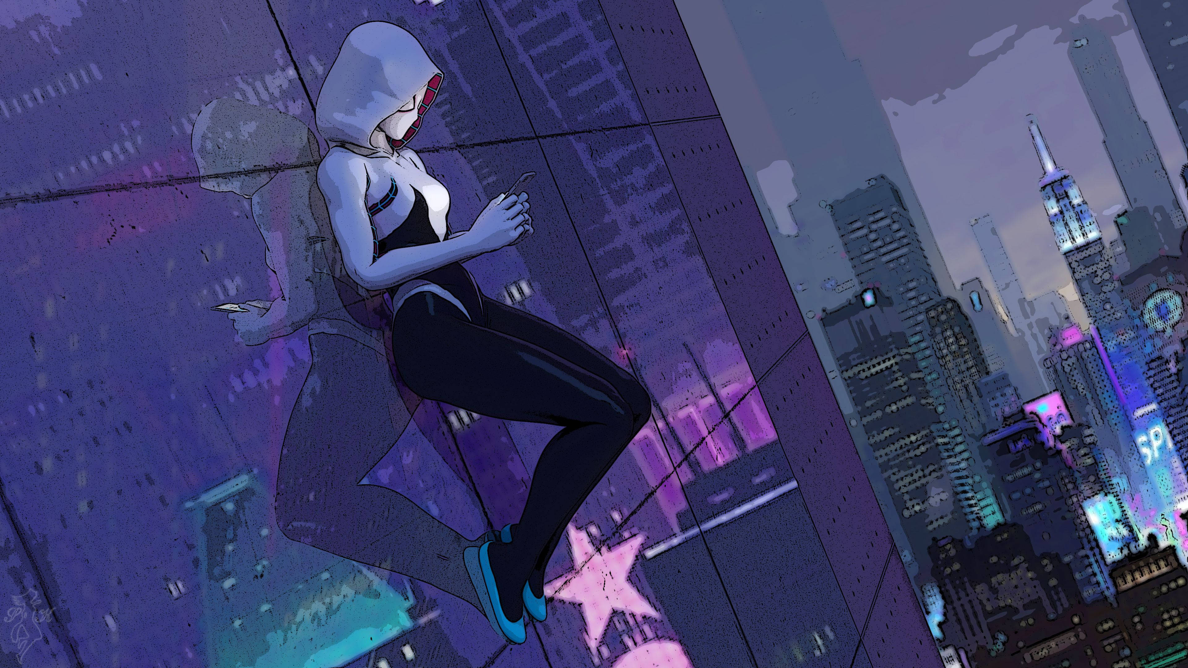 Spider Gwen, white and black suit, purple skyscraper, 4K Desktop Wallpaper