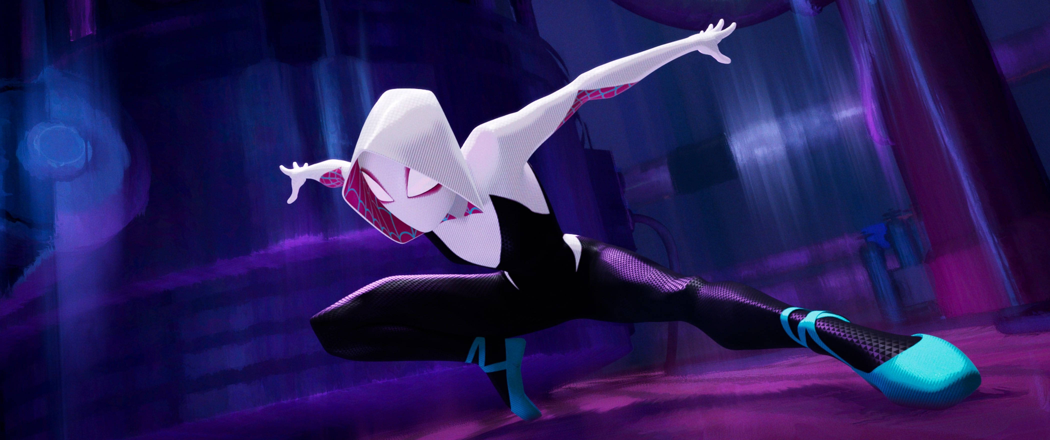 Spider Gwen, neon-lit urban alley, glowing purple and blue lighting, 4K Desktop Wallpaper