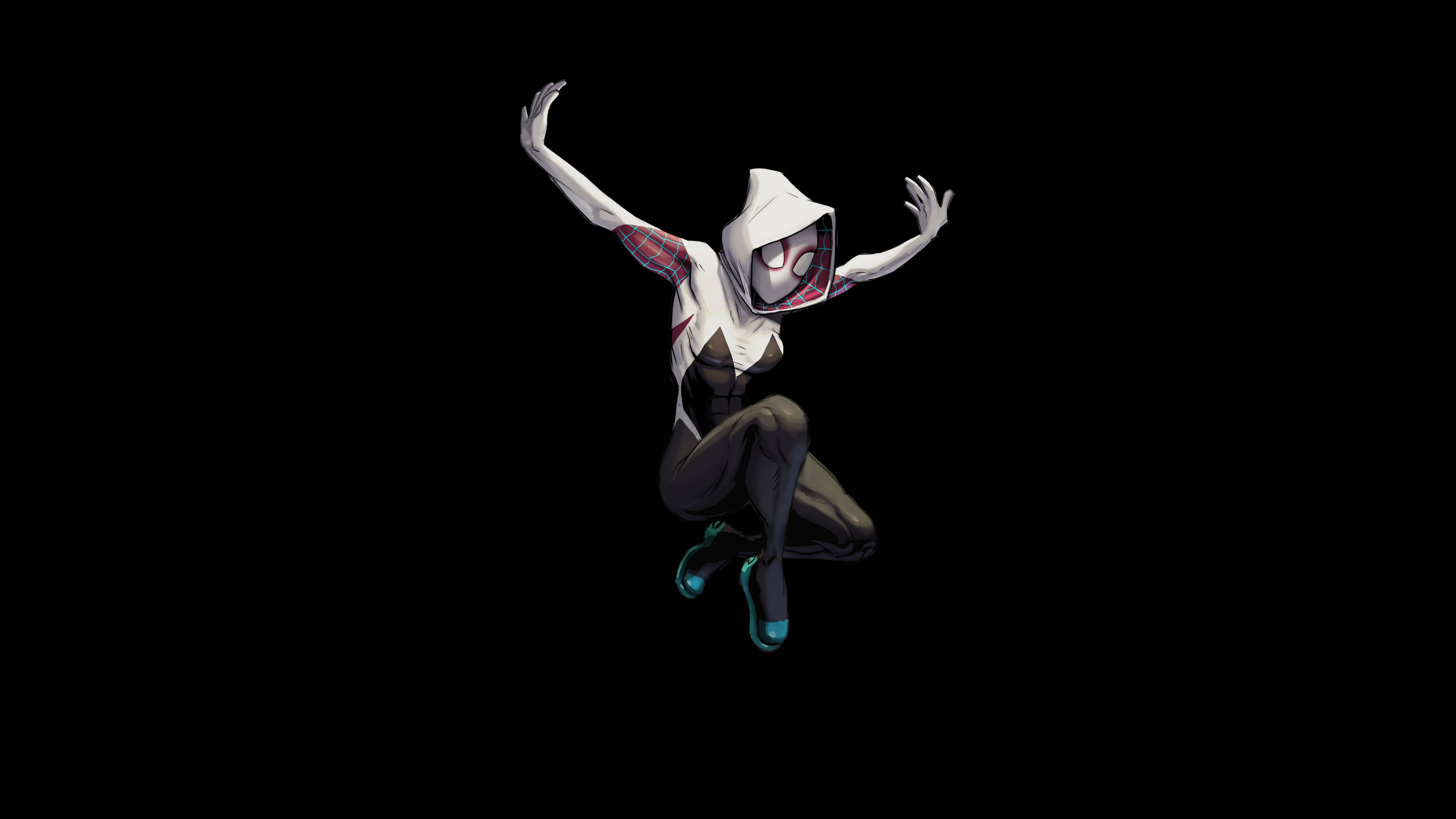 Black Spider Gwen, white and red suit, stark black background, 5K Desktop Wallpaper