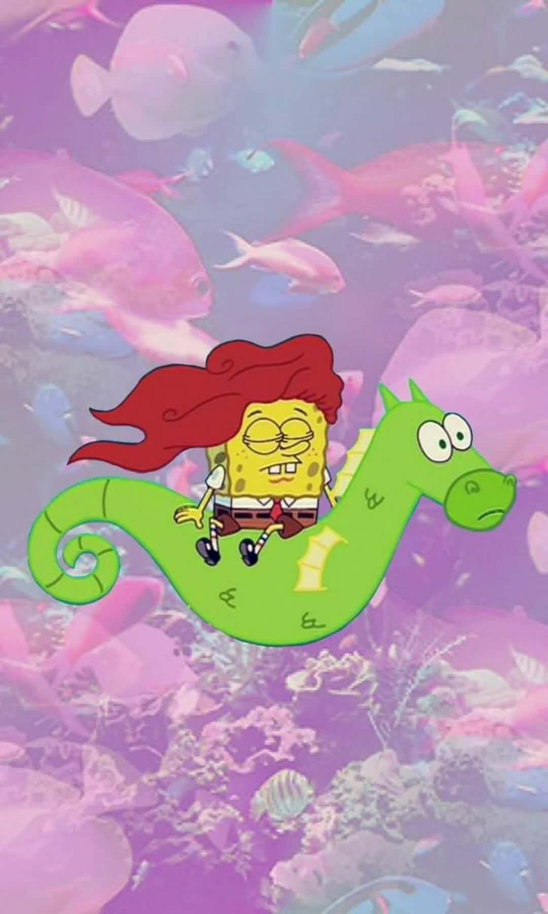 SpongeBob, red hair, green seahorse, HD Phone Wallpaper