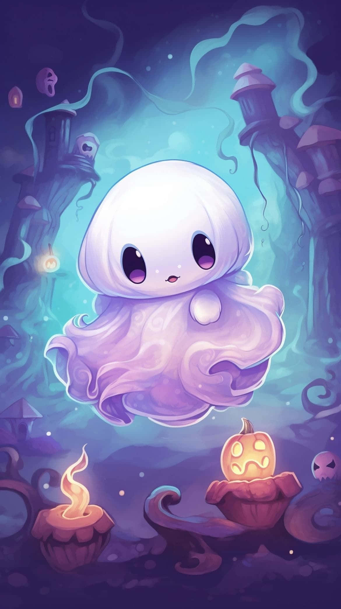 Adorable Ghostly Encounter, big eyes, mystical purple and teal haunted forest, Full HD Phone Wallpaper