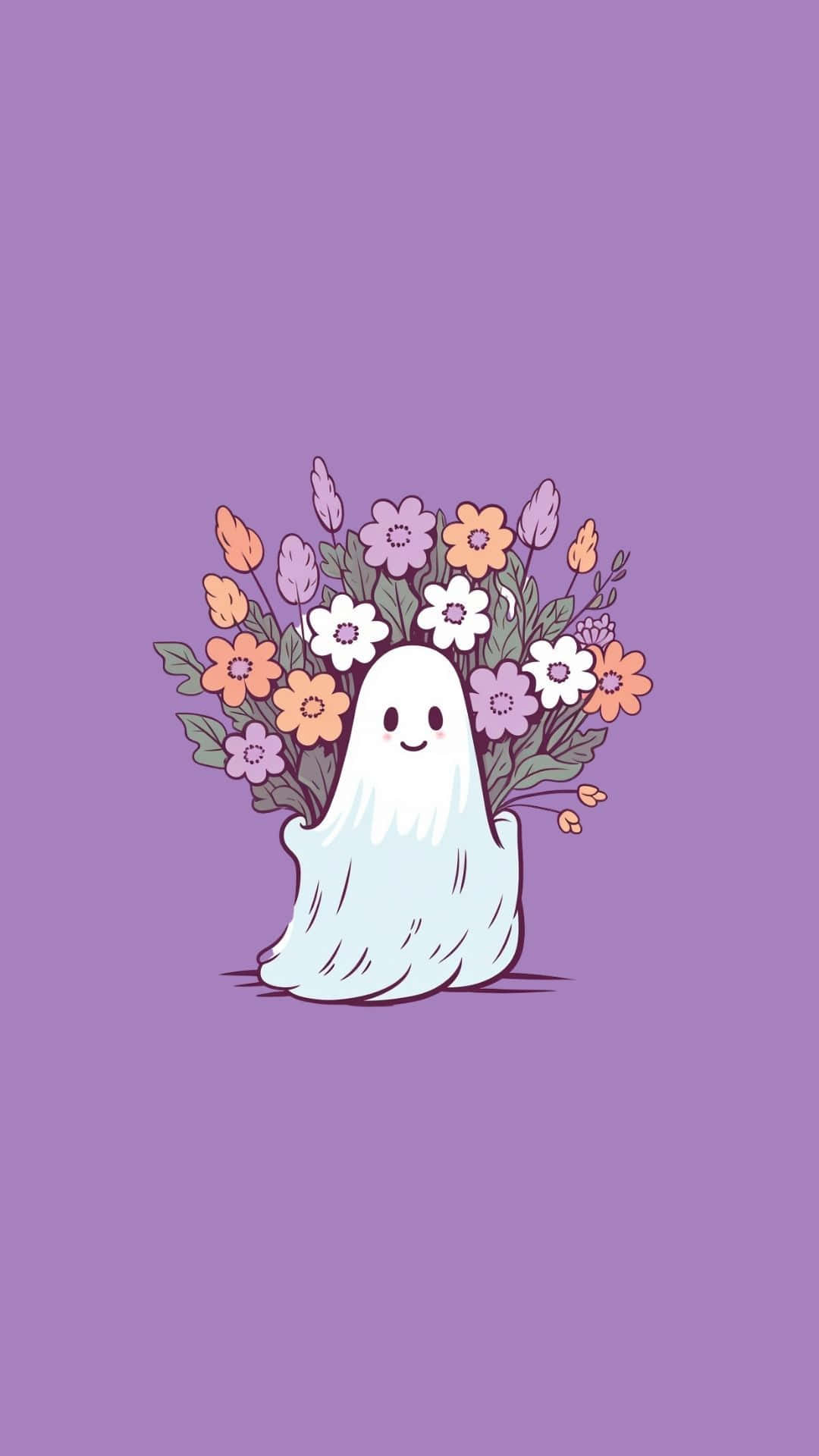 floral ghost, cute spooky illustration, white cartoon ghost, Full HD Phone Wallpaper