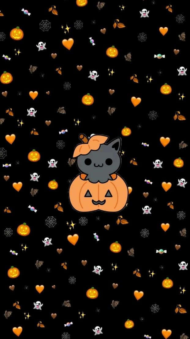 cute spooky halloween pattern, gray cat, pumpkin hat, SD Phone Wallpaper
