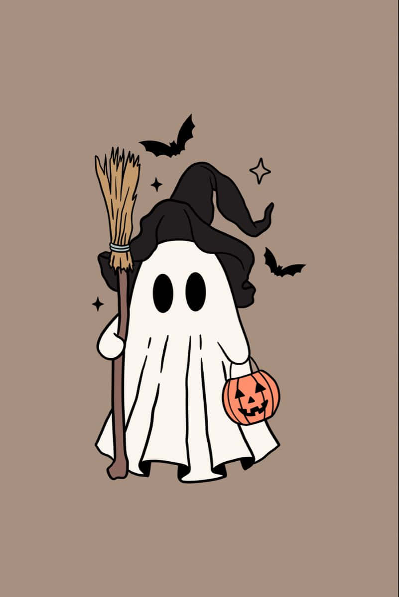 cute ghost, witch hat, broom, SD Phone Wallpaper