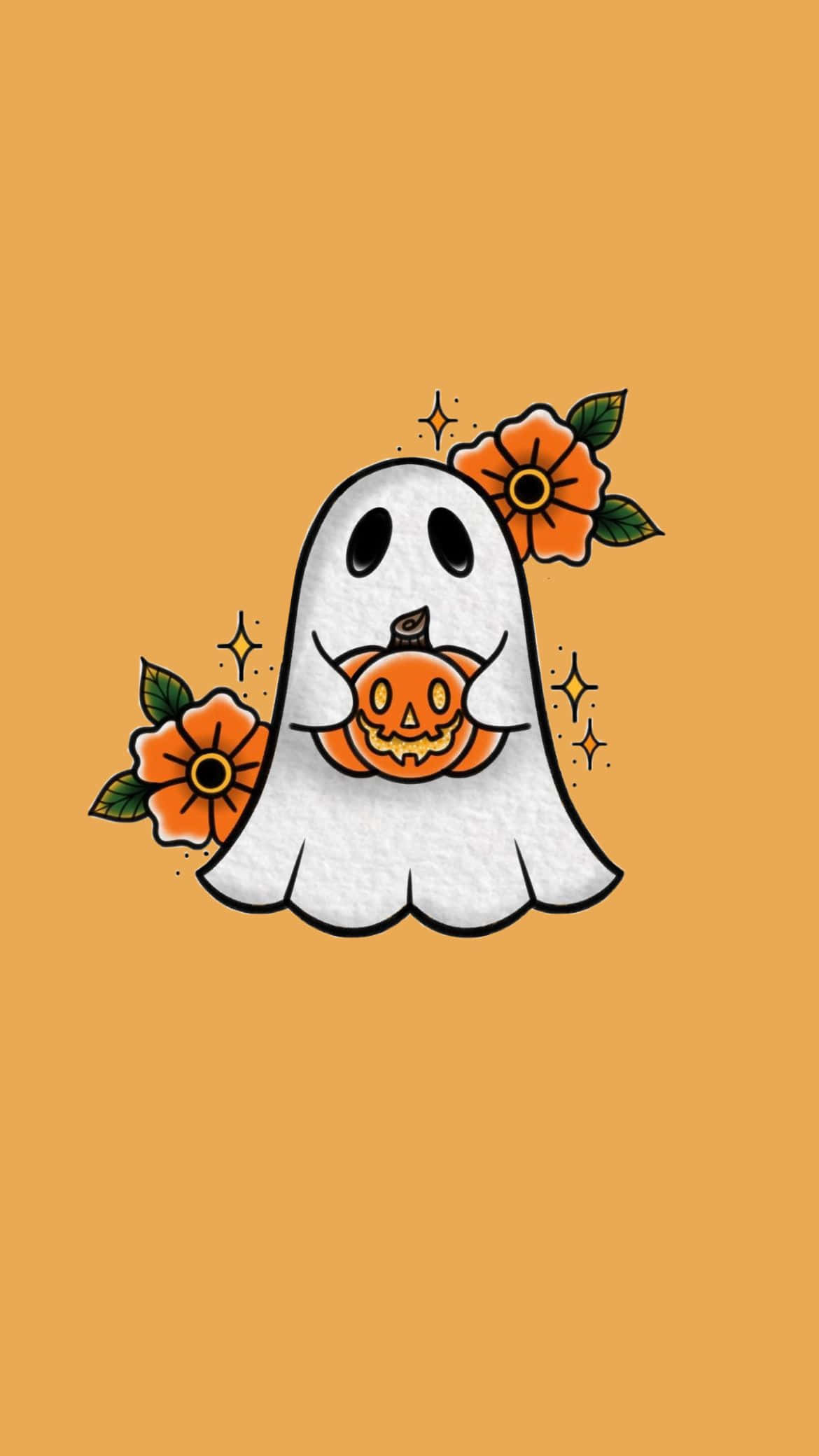 cute ghost, white cartoon ghost, smiling jack-o-lantern, Full HD Phone Wallpaper