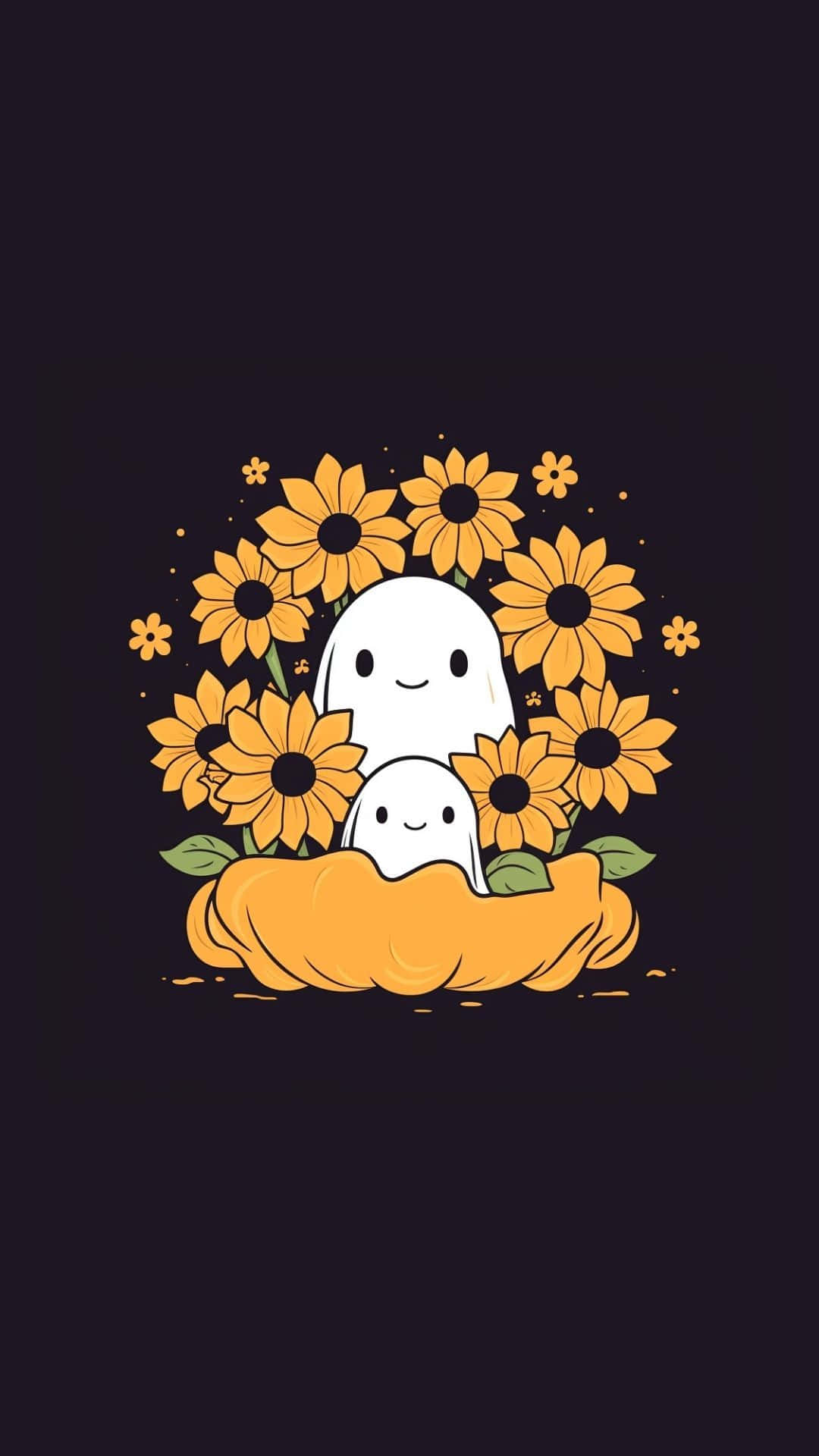 white ghosts, pumpkin, bright yellow sunflowers, Full HD Phone Wallpaper