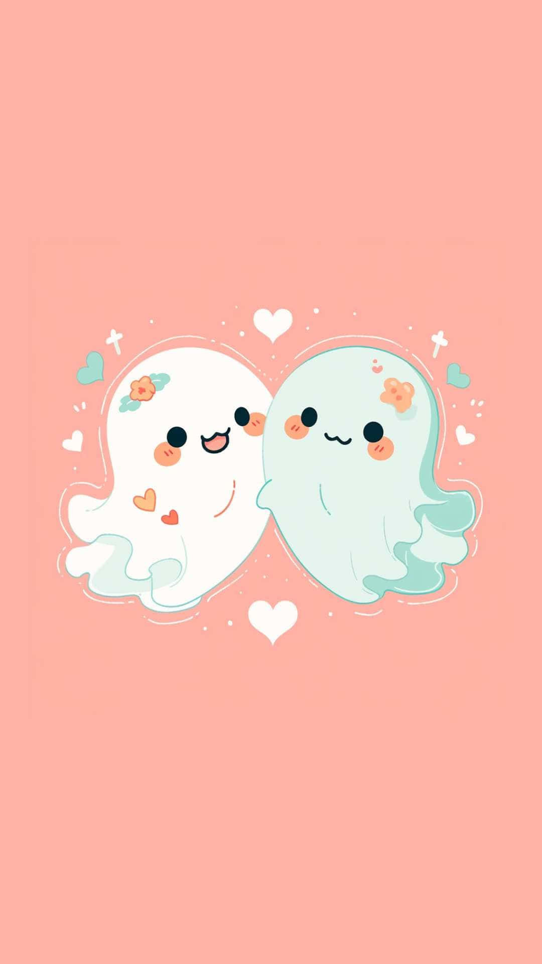 Adorable Ghost Couple Illustration, flower crowns, hearts, Full HD Phone Wallpaper