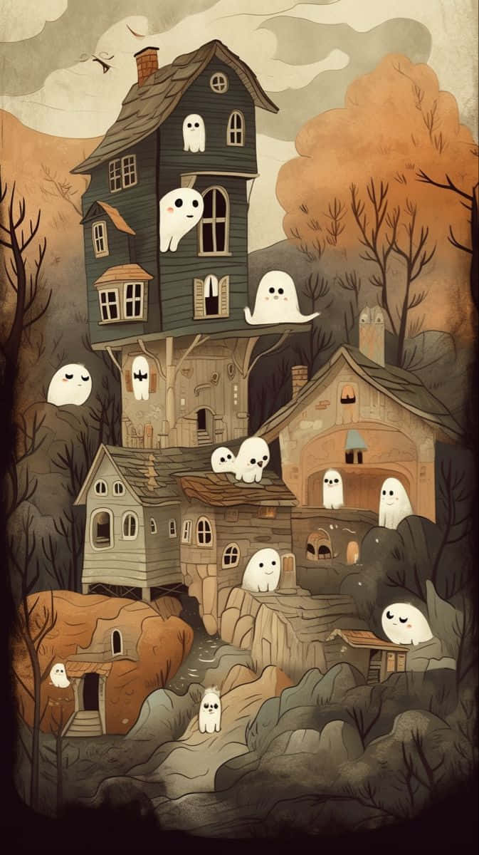 haunted house, cartoon ghosts, spooky, SD Phone Wallpaper