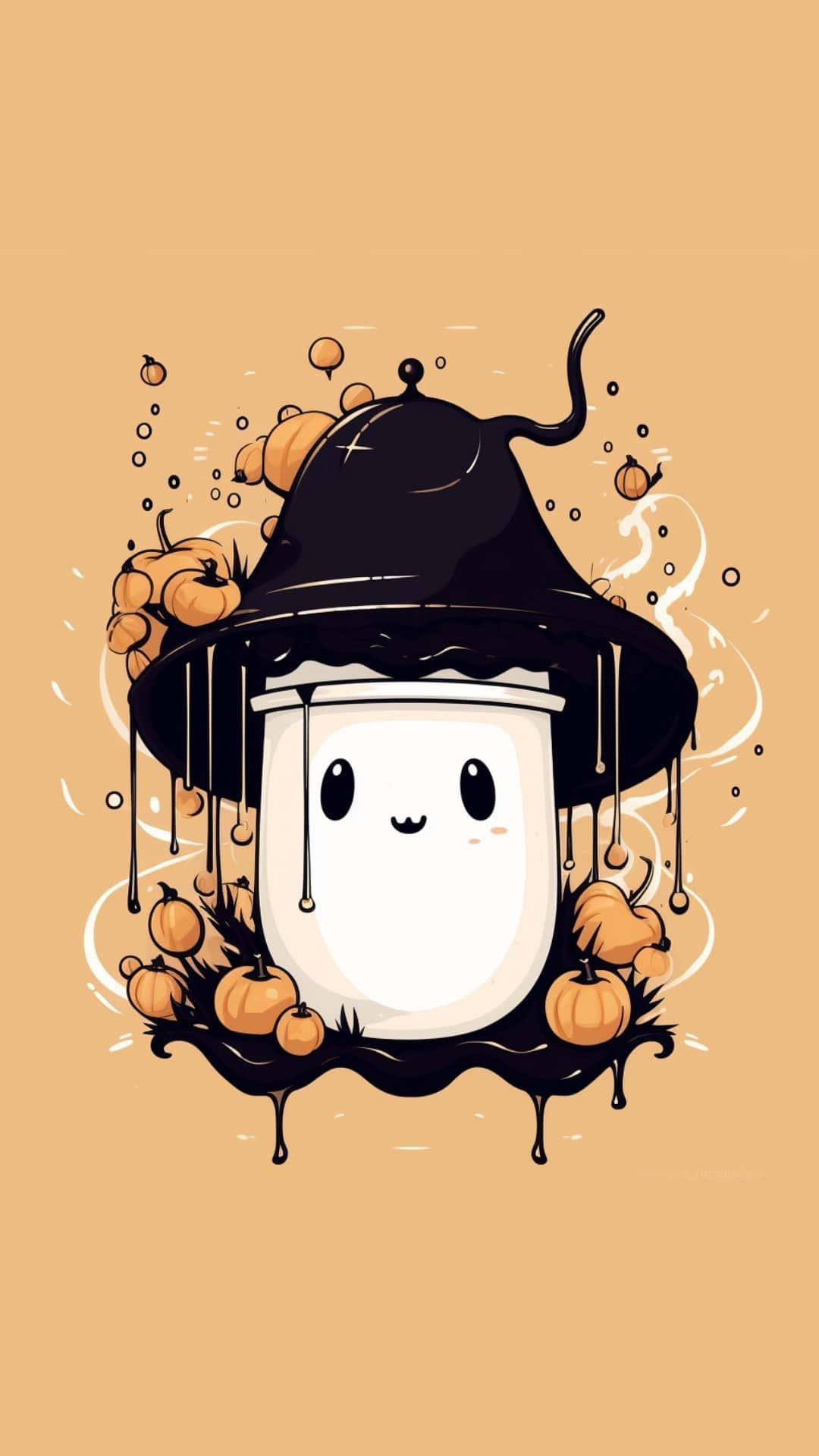 cute spooky ghostin witch hat, dripping black witch hat, pumpkins, Full HD Phone Wallpaper