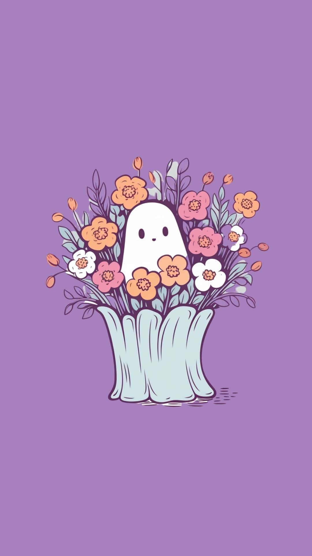 cute white ghost, pastel floral bouquet, light blue vase, Full HD Phone Wallpaper