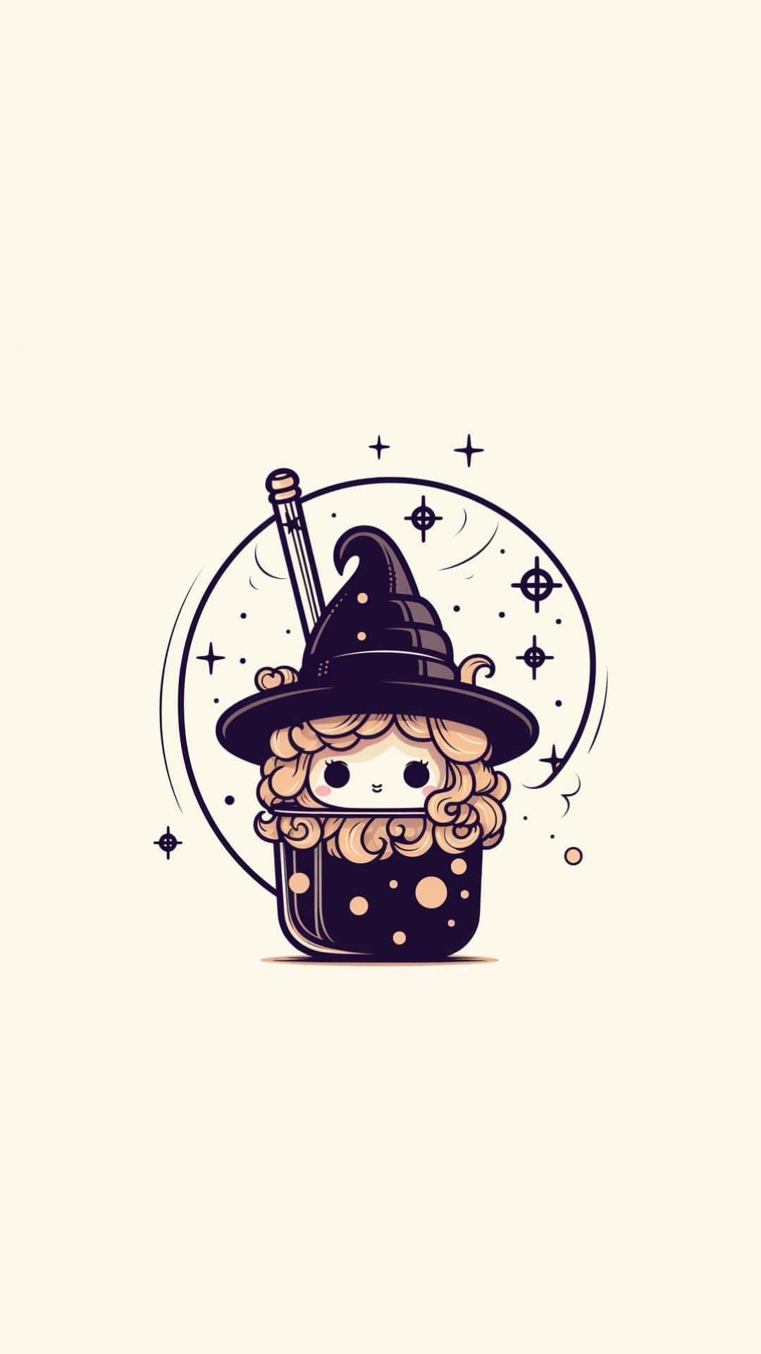 chibi witch, curly hair, tall hat, Full HD Phone Wallpaper
