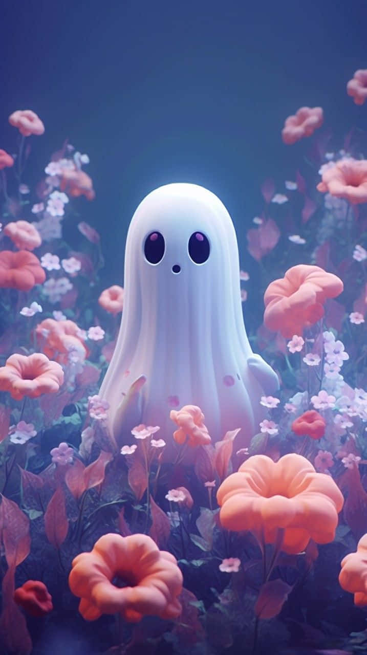 cute ghost, big eyes, soft pink and white flowers, HD Phone Wallpaper