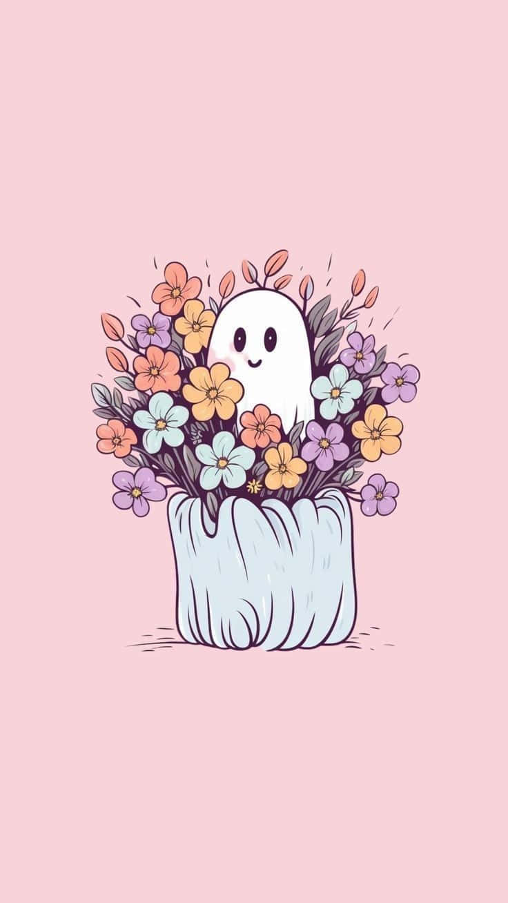cute ghost, floral pumpkin, pastel flower bouquet, HD Phone Wallpaper