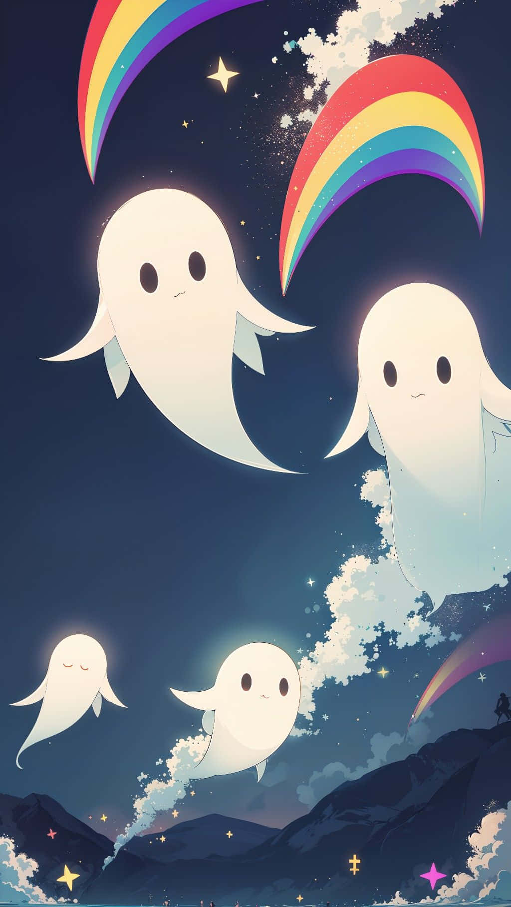 cute glowing ghosts, colorful rainbows, stars, HD Phone Wallpaper
