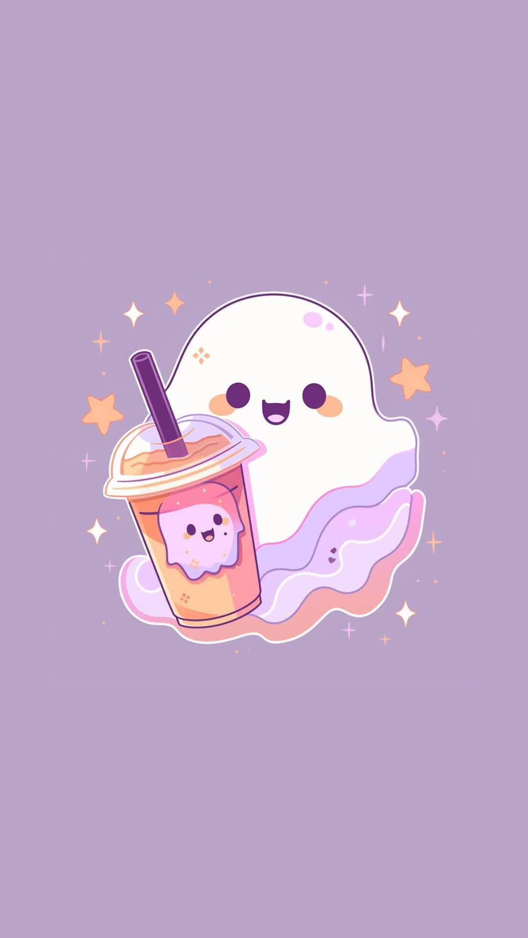 cute ghost, pink bubble tea cup, straw, Full HD Phone Wallpaper