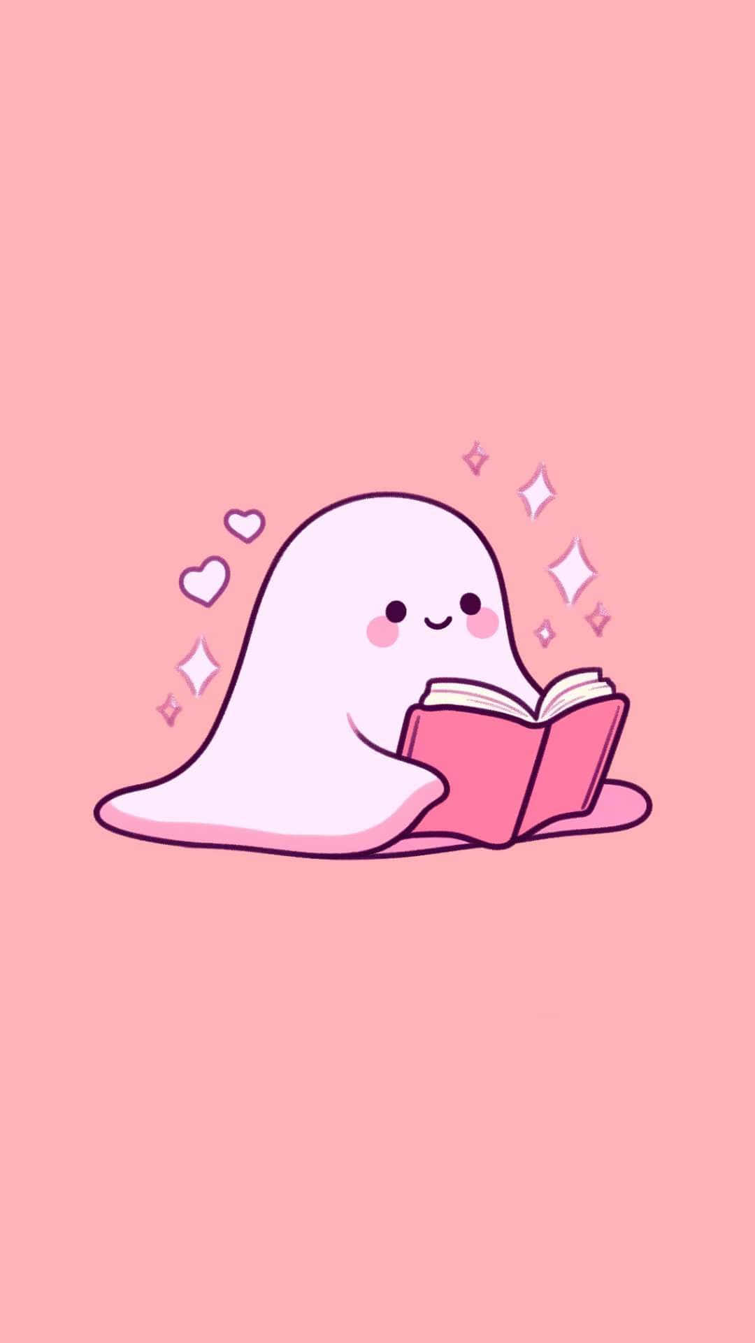 cute ghost, pink book, hearts, Full HD Phone Wallpaper
