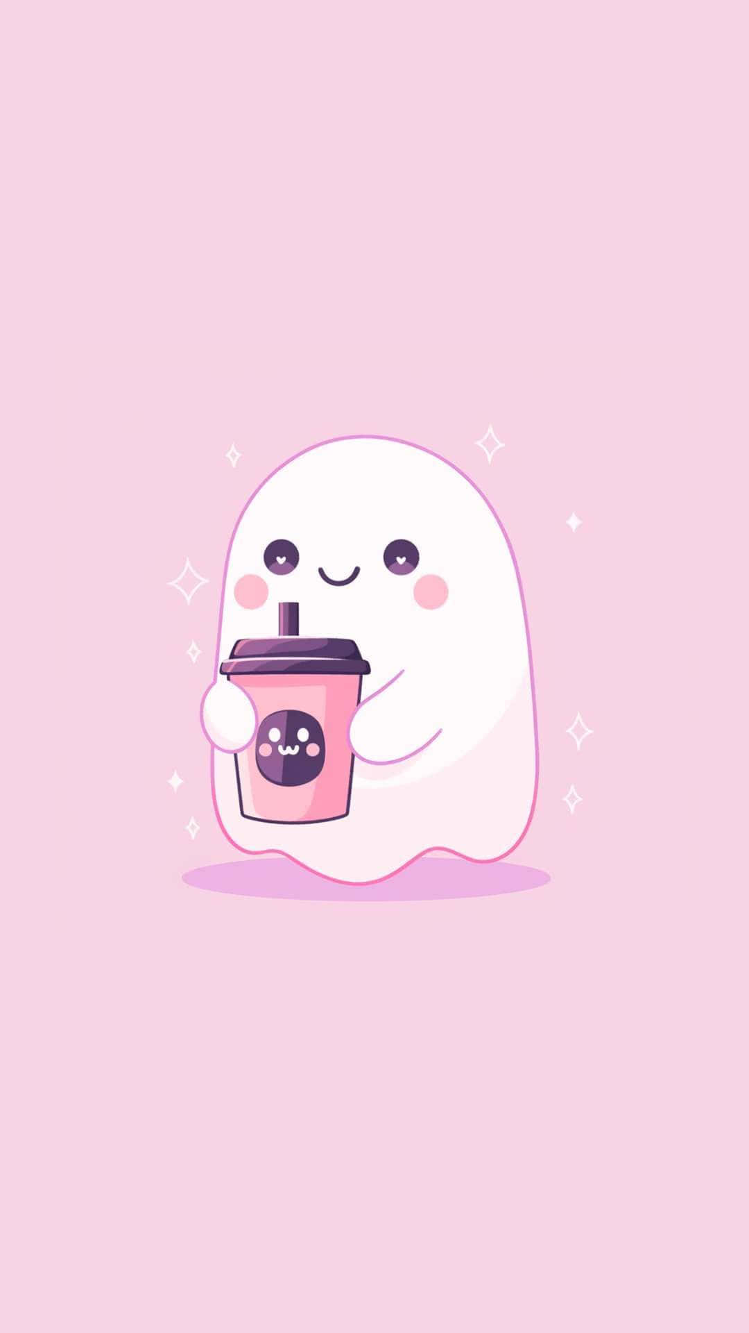 cute ghost, pink bubble tea cup, pastel pink background, Full HD Phone Wallpaper