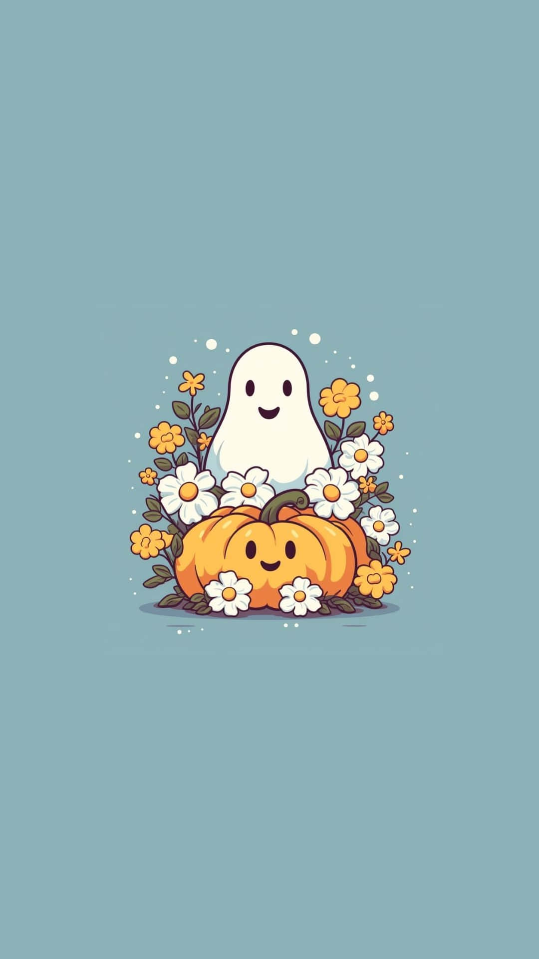 cute white ghost, smiling orange pumpkin, daisies, Full HD Phone Wallpaper