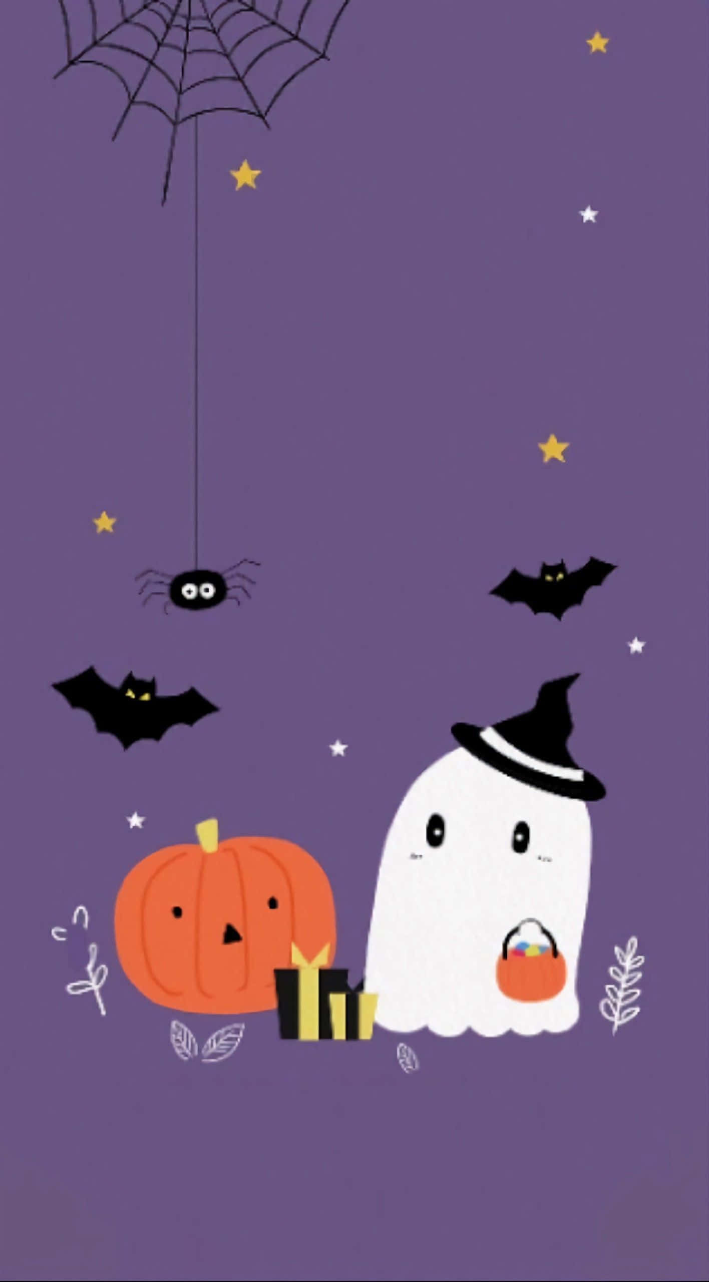 cute ghost, witch hat, candy bucket, 2K Phone Wallpaper