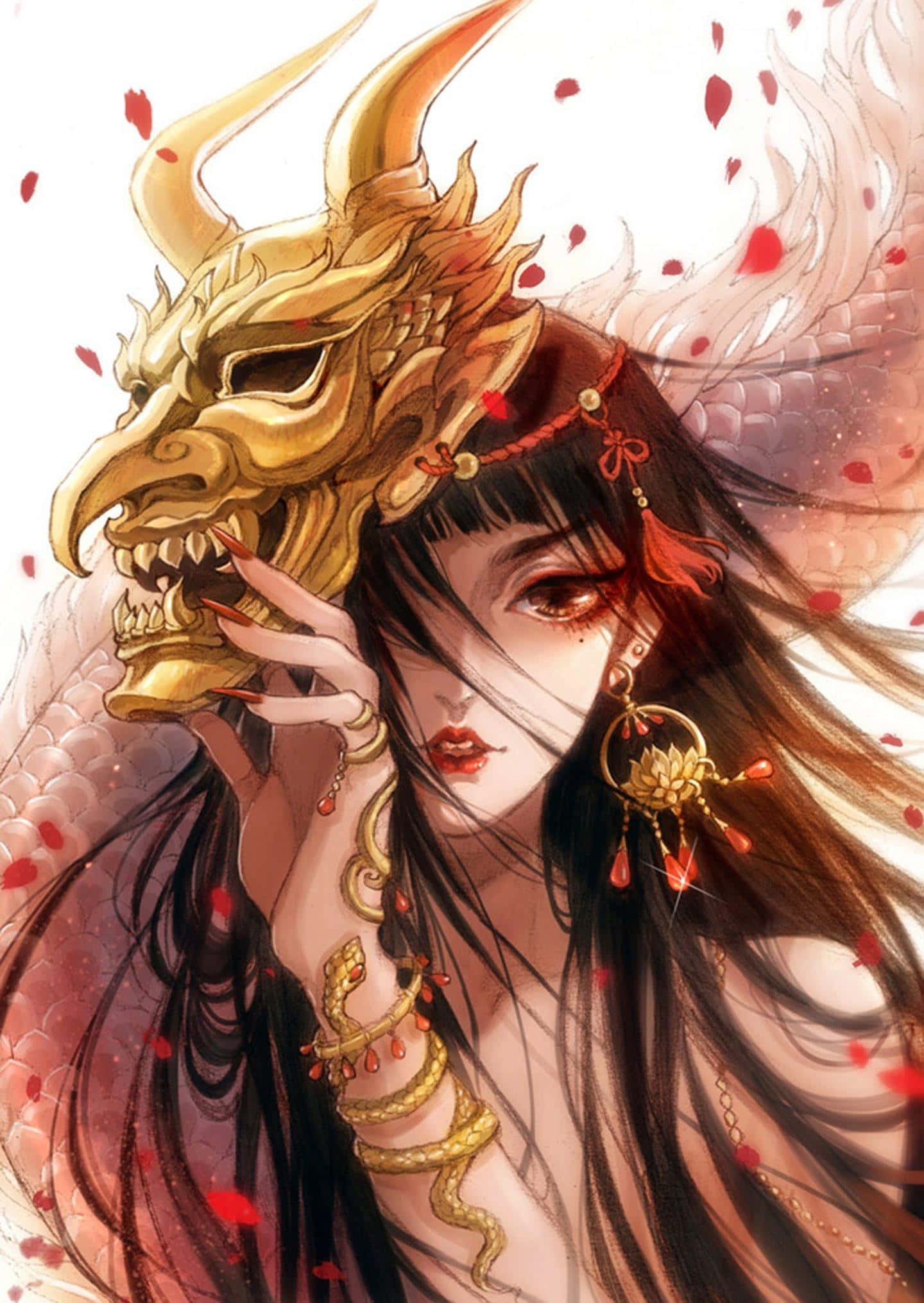 cute devil girl, golden dragon mask, red petals, Full HD Phone Wallpaper
