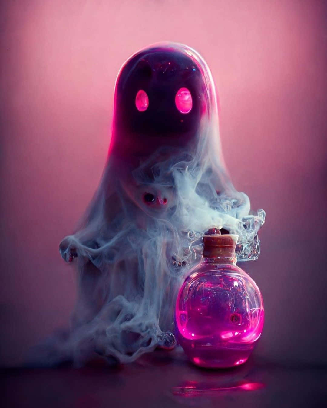 Mystical Ghost Figure, glowing pink-eyed ghost, bubbling potion bottle, HD Phone Wallpaper