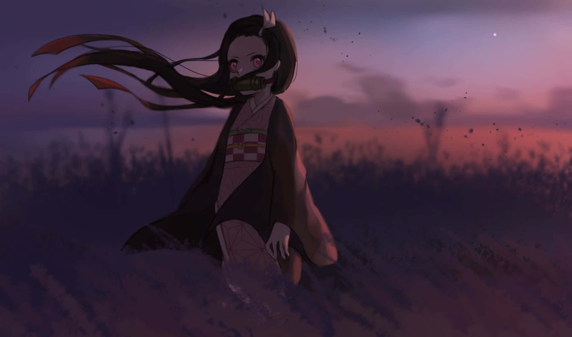 cute devil girl, horned anime girl, kimono, Full HD Desktop Wallpaper