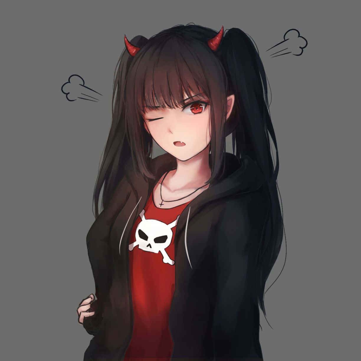cute devil girl, black pigtails, red horns, SD Desktop Wallpaper