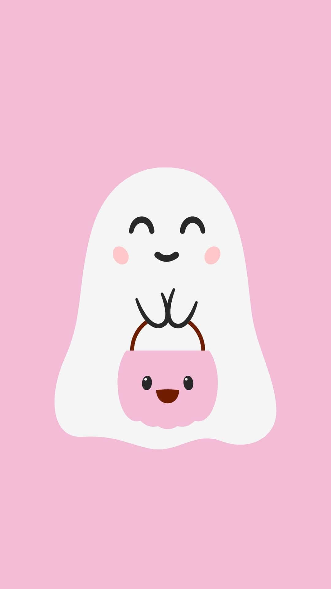 cute ghost, pink pumpkin bucket, rosy cheeks, Full HD Phone Wallpaper