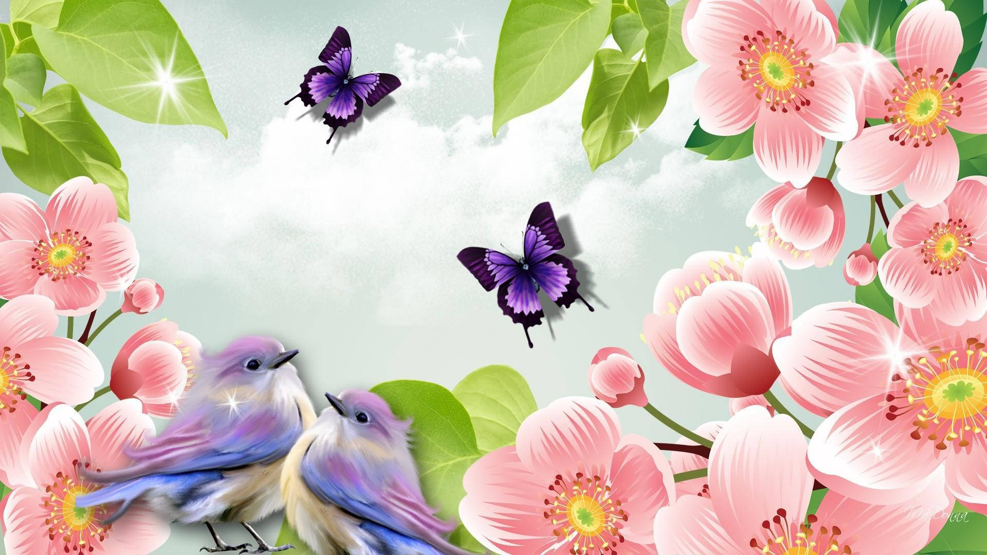 purple birds, blooming pink flowers, purple butterflies, Full HD Desktop Wallpaper