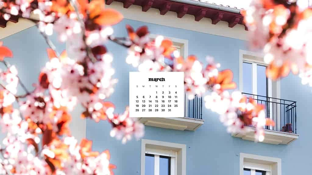 March calendar, pastel blue building, soft pink cherry blossoms, SD Desktop Wallpaper