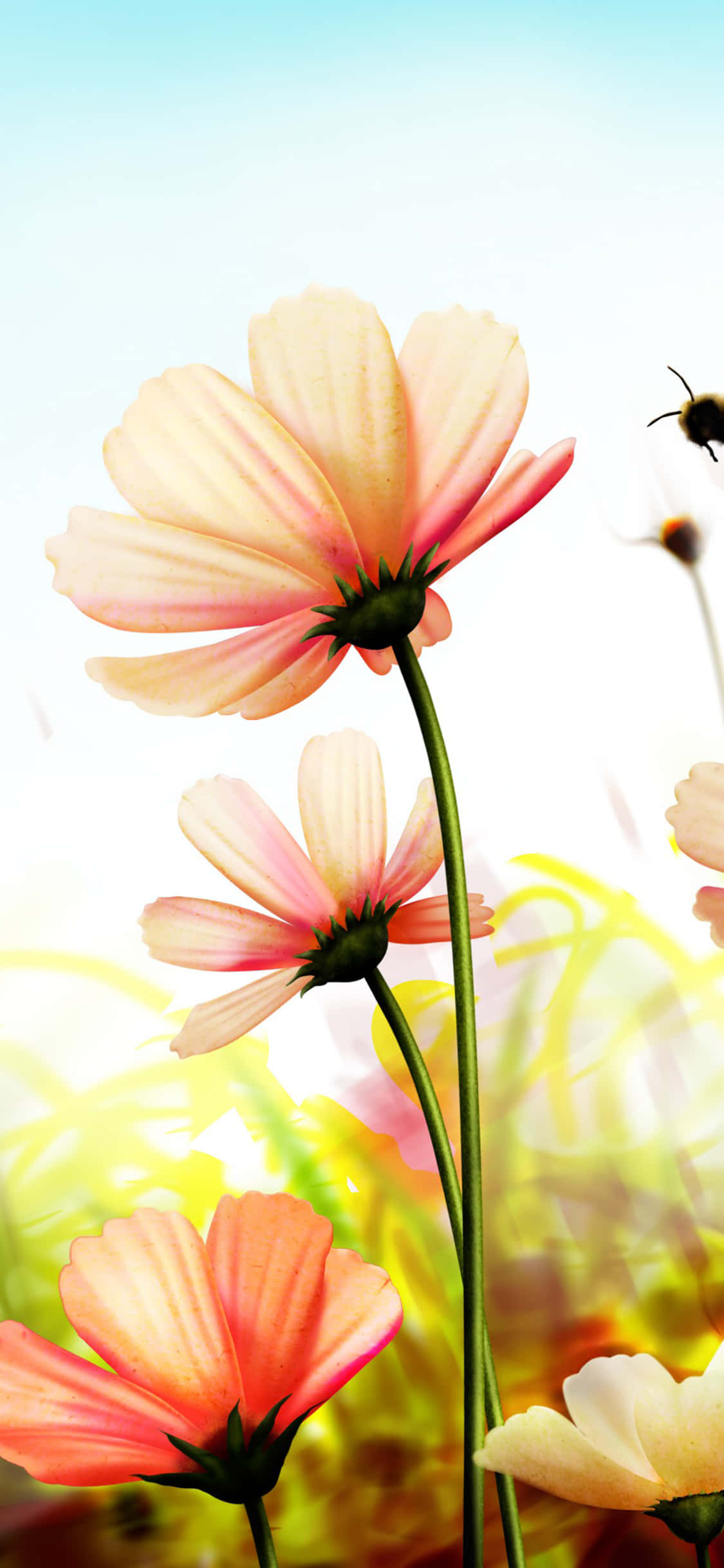 cosmos flowers, bright blue sky, bee, Full HD Phone Wallpaper