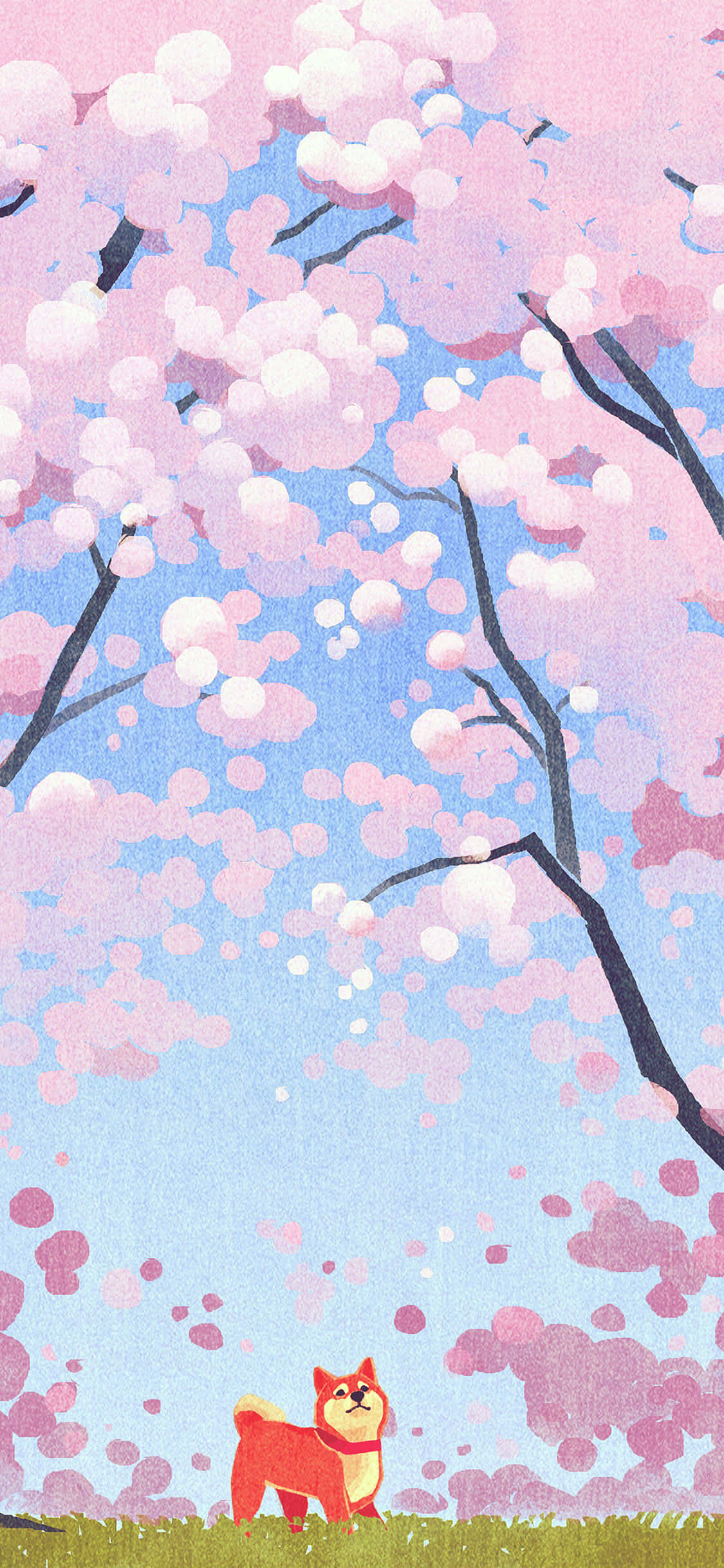 cute red dog, blossoming cherry tree, pink flowers, Full HD Phone Wallpaper