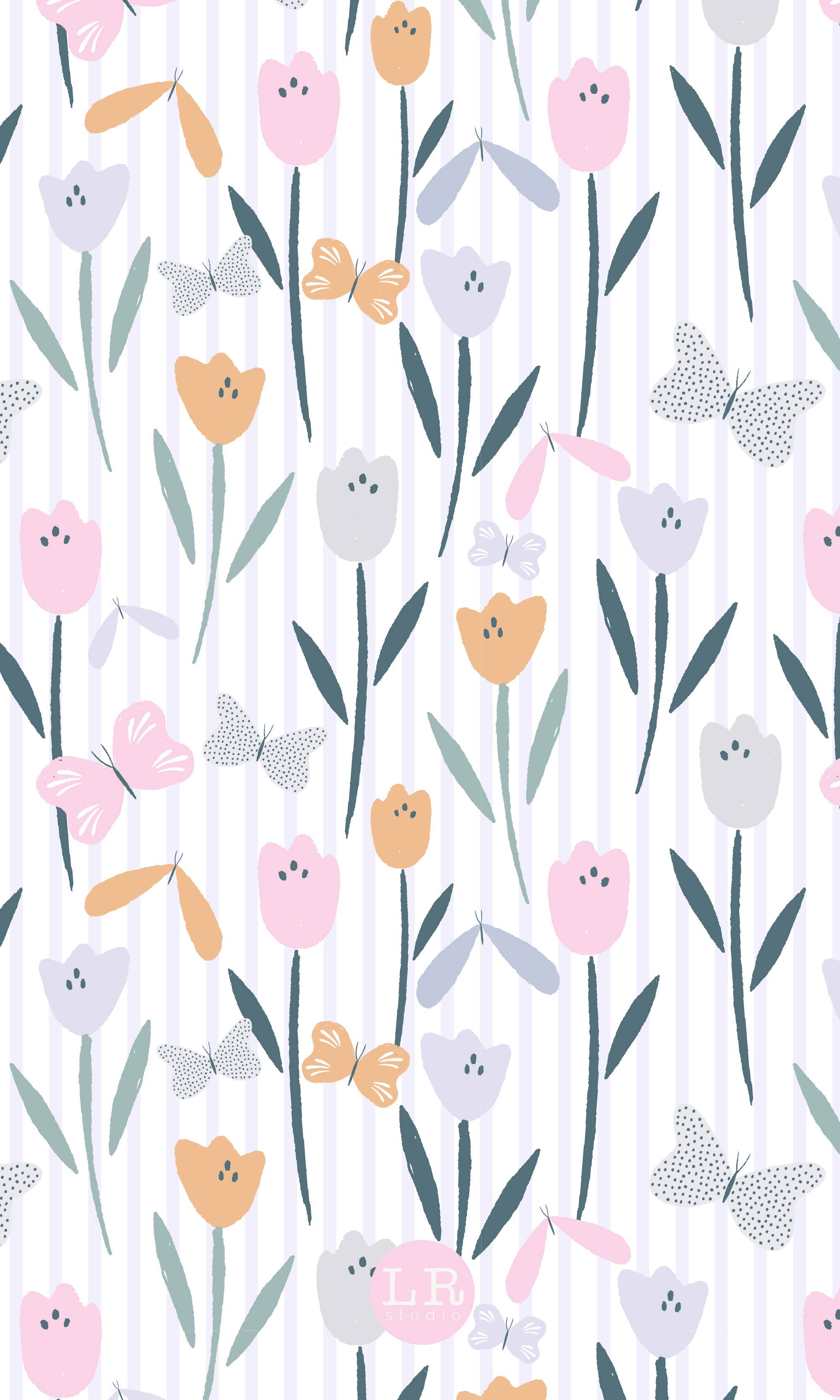 pastel tulips, butterflies, soft vertical stripes, 2K Phone Wallpaper