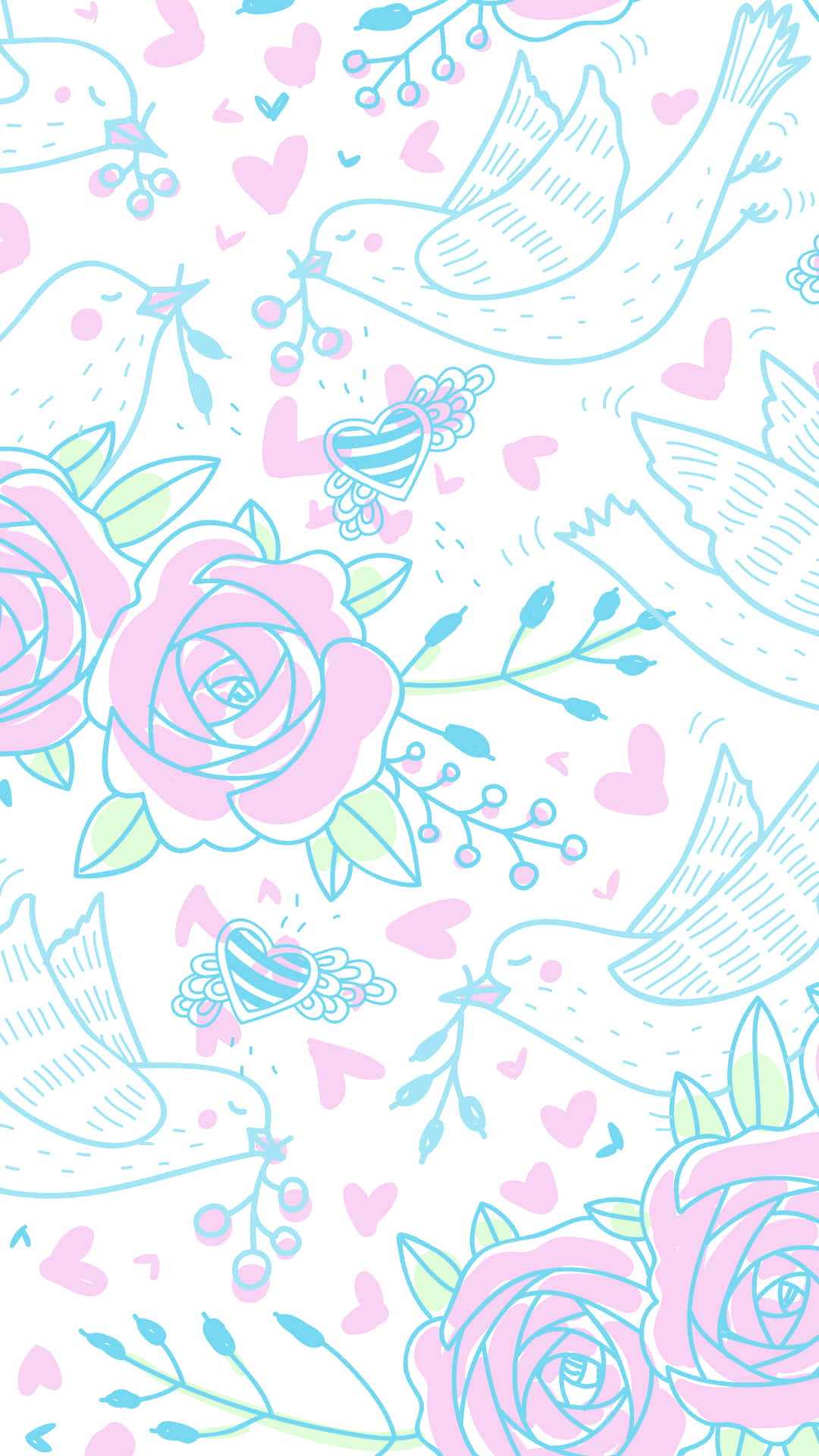 Cute Spring Hearts iPhone, pastel pink roses, blue birds, Full HD Phone Wallpaper