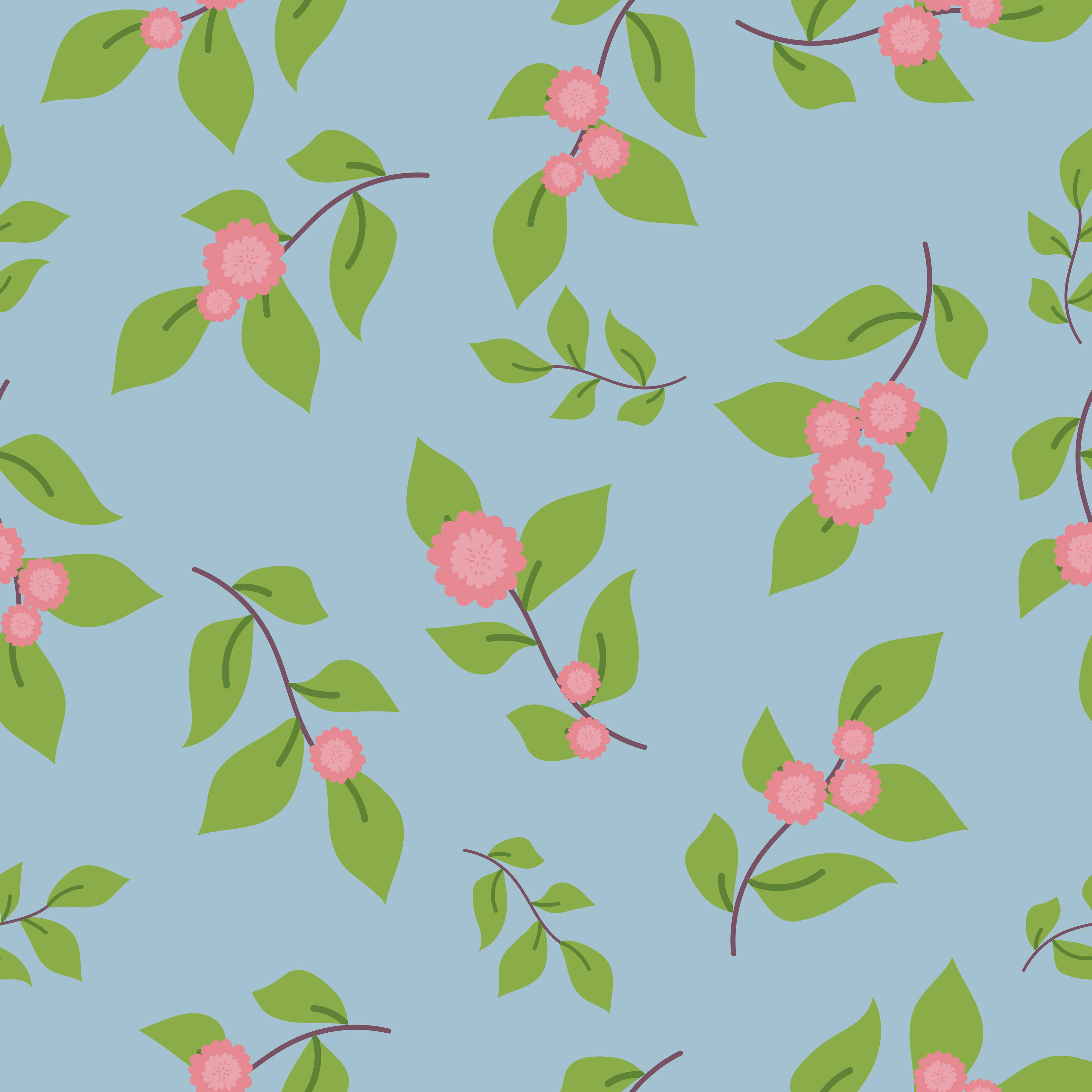pink flowers, green leaves, soft blue background, 2K Desktop Wallpaper
