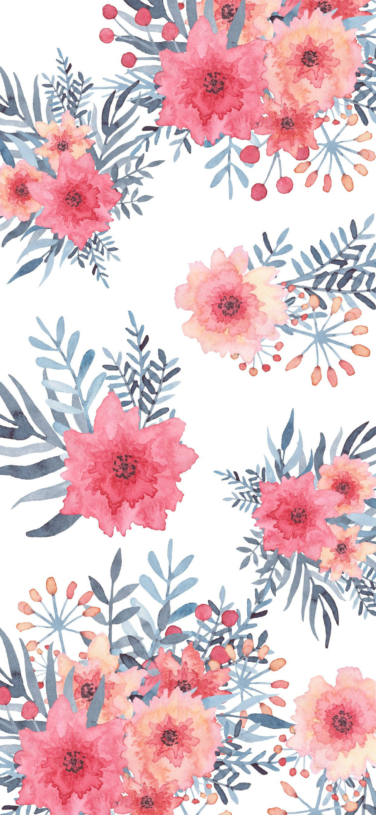 coral pink, teal blue, watercolor flowers, 2K Phone Wallpaper