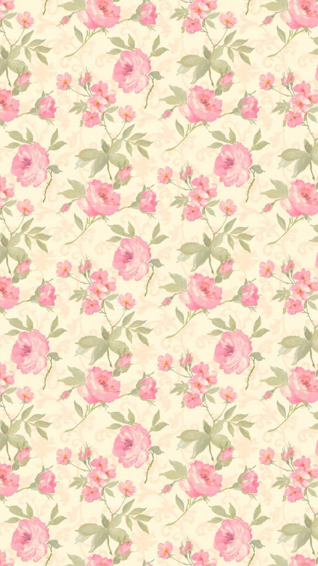 vintage floral wallpaper pattern, soft pink roses, green leaves, Full HD Phone Wallpaper