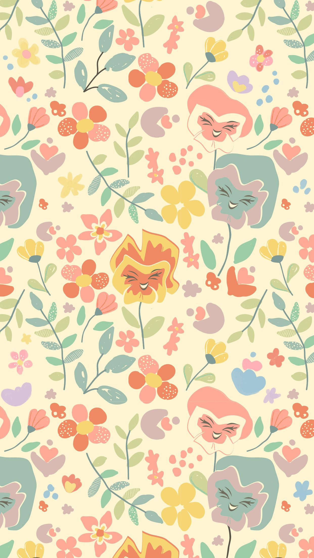 colorful floral pattern, smiling cartoon faces, colorful flowers, Full HD Phone Wallpaper