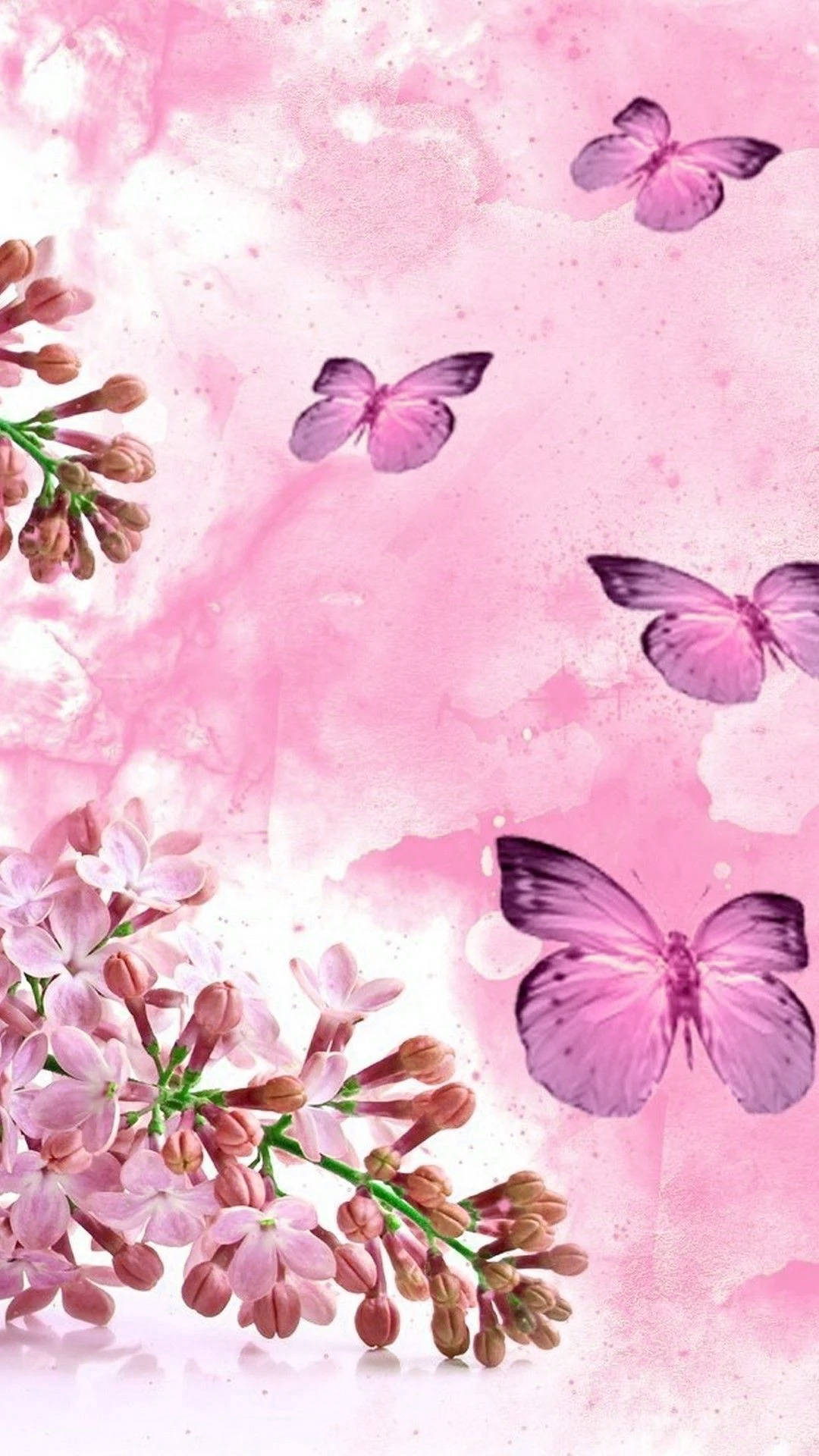 pink butterflies, delicate lilac blossoms, soft watercolor pink background, Full HD Phone Wallpaper